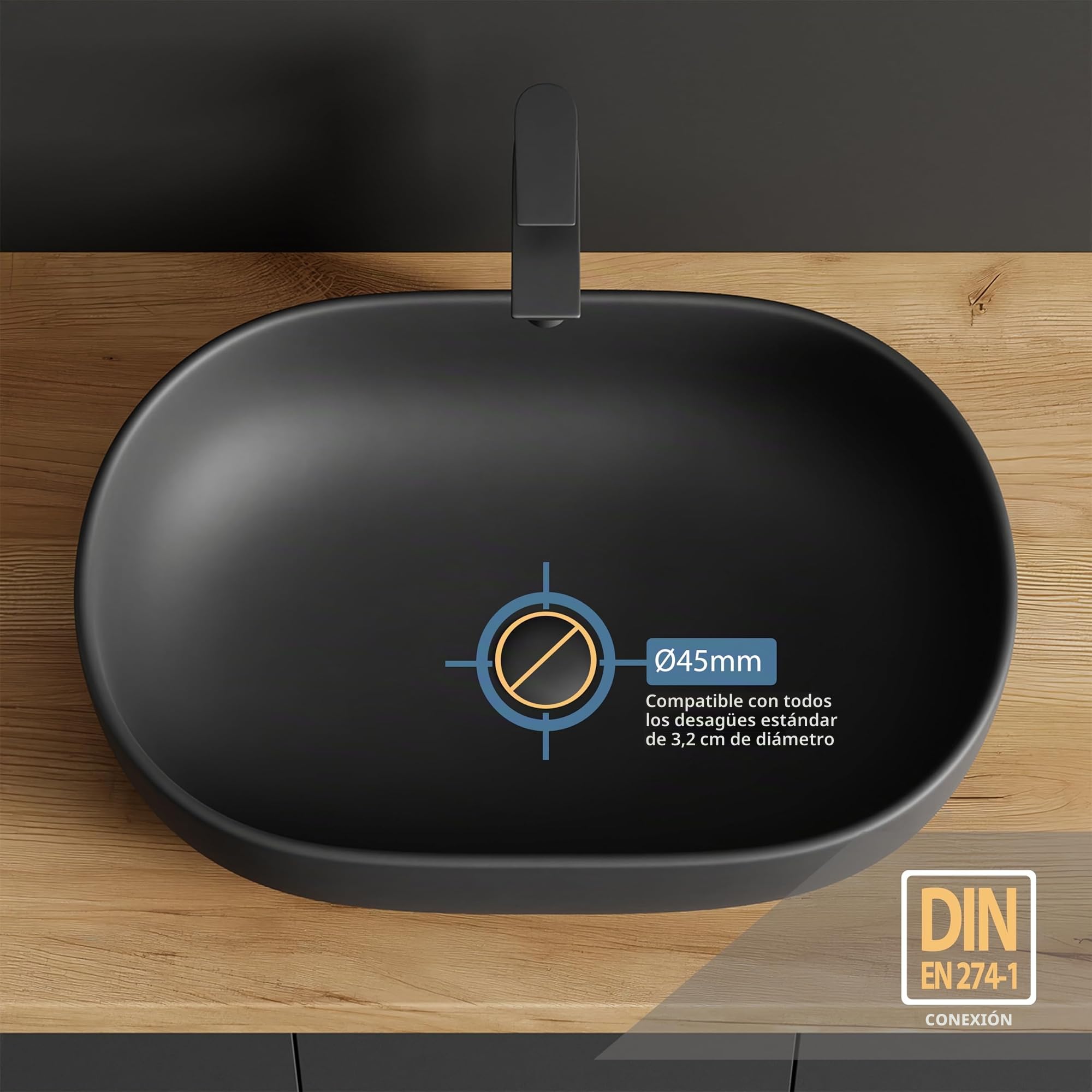 Planetmöbel Aquil Deluxe Lavabo Oval | Lavabo de encimera para baño y aseo de invitados | Lavabo sin orificio para grifo y desagüe | Negro mate, 60 x 40 x 15 cm