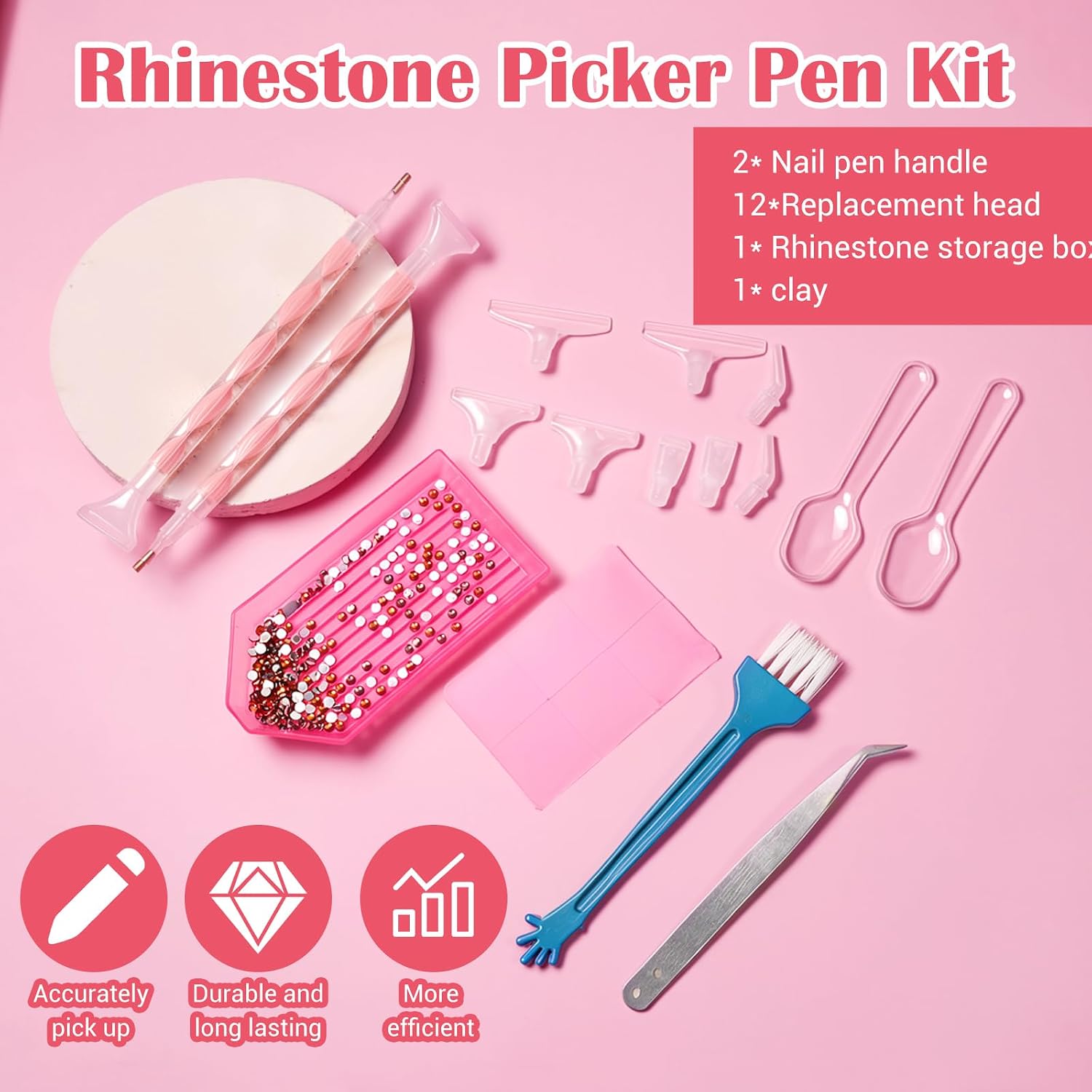 Rhinestone Picker Tool Kit 2 Pcs Rhinestone Picker Handle Dual-Ended Applicator Dotting Tool Pen Rhinestones Storage Tray Plastic Replacement Tips Clay Tweezer Brush Bag for Nail Craft DIY Home Salon