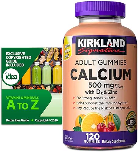 Kirkland Signature - Gomitas de calcio de 500 mg con D3 y zinc, salud ósea, 120 gomitas (paquete de 1) paquete con vitaminas y minerales exclusivos,