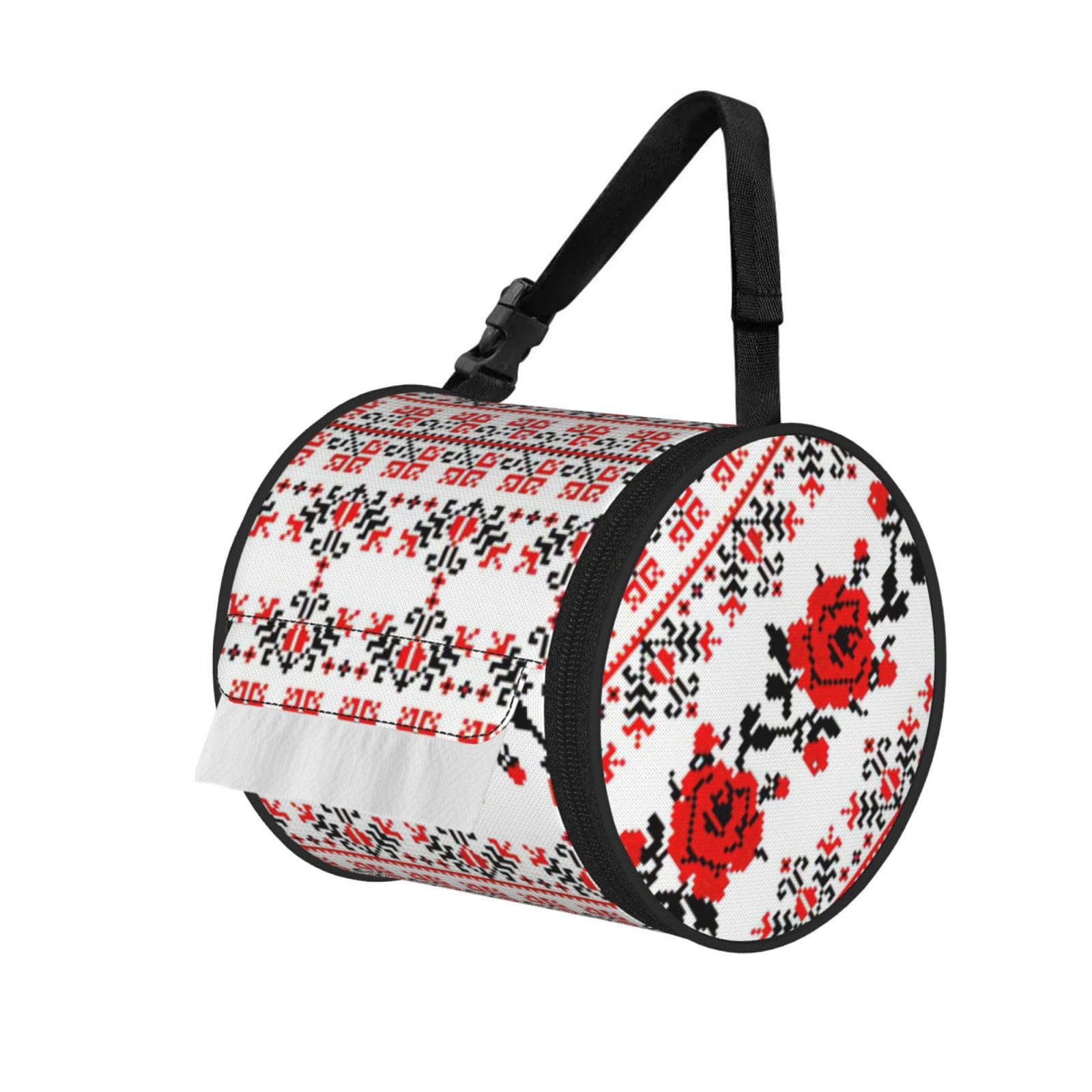 Ukrainian Embroidery Style Rose Printed Roll Paper Carrier Bag, Foldable Oxford Cloth Tissue Case for Camping Hiking Backpack
