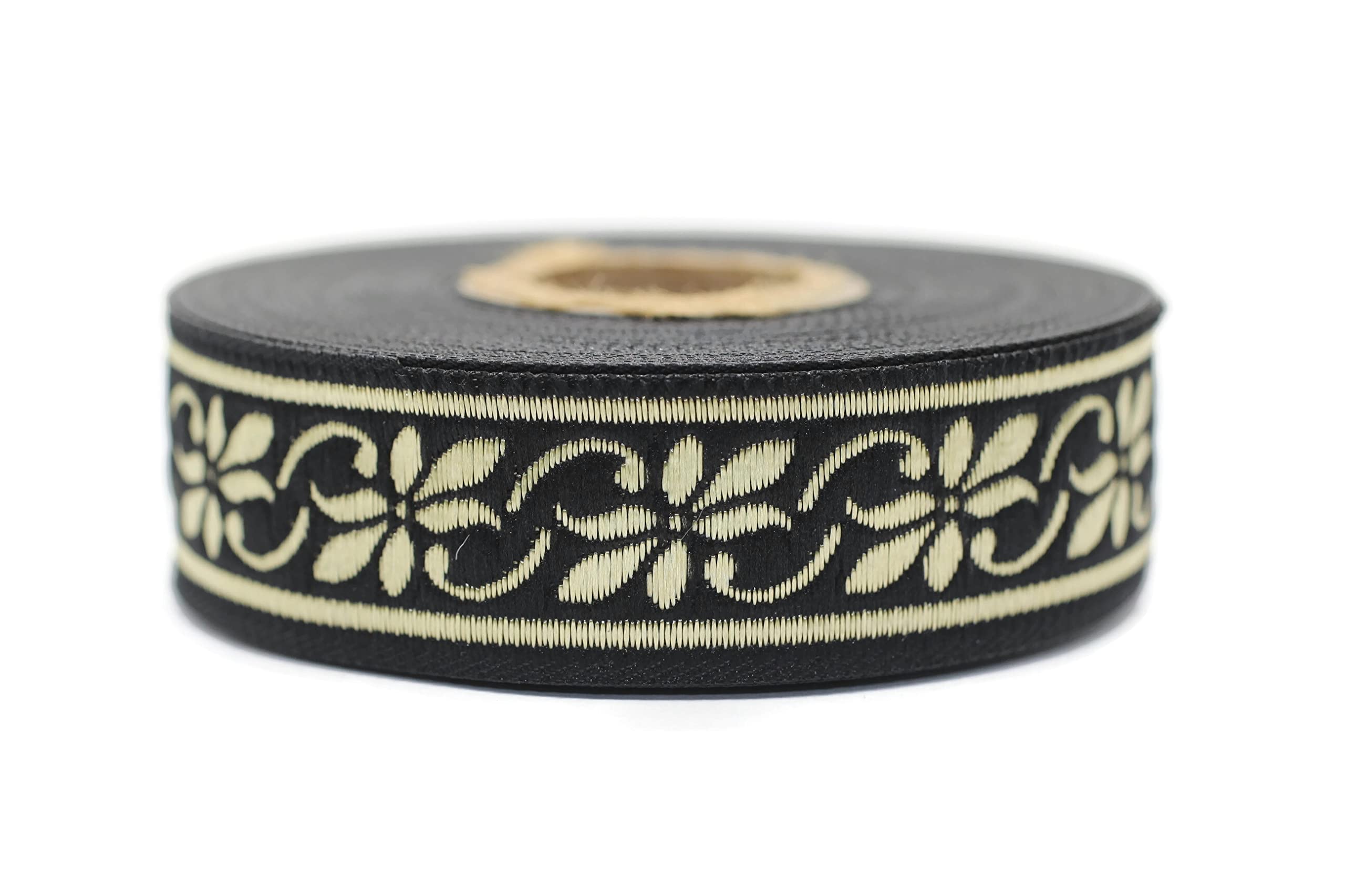 Ruban jacquard noir-d'or floral pour décorer vos accessoires de fête et costumes