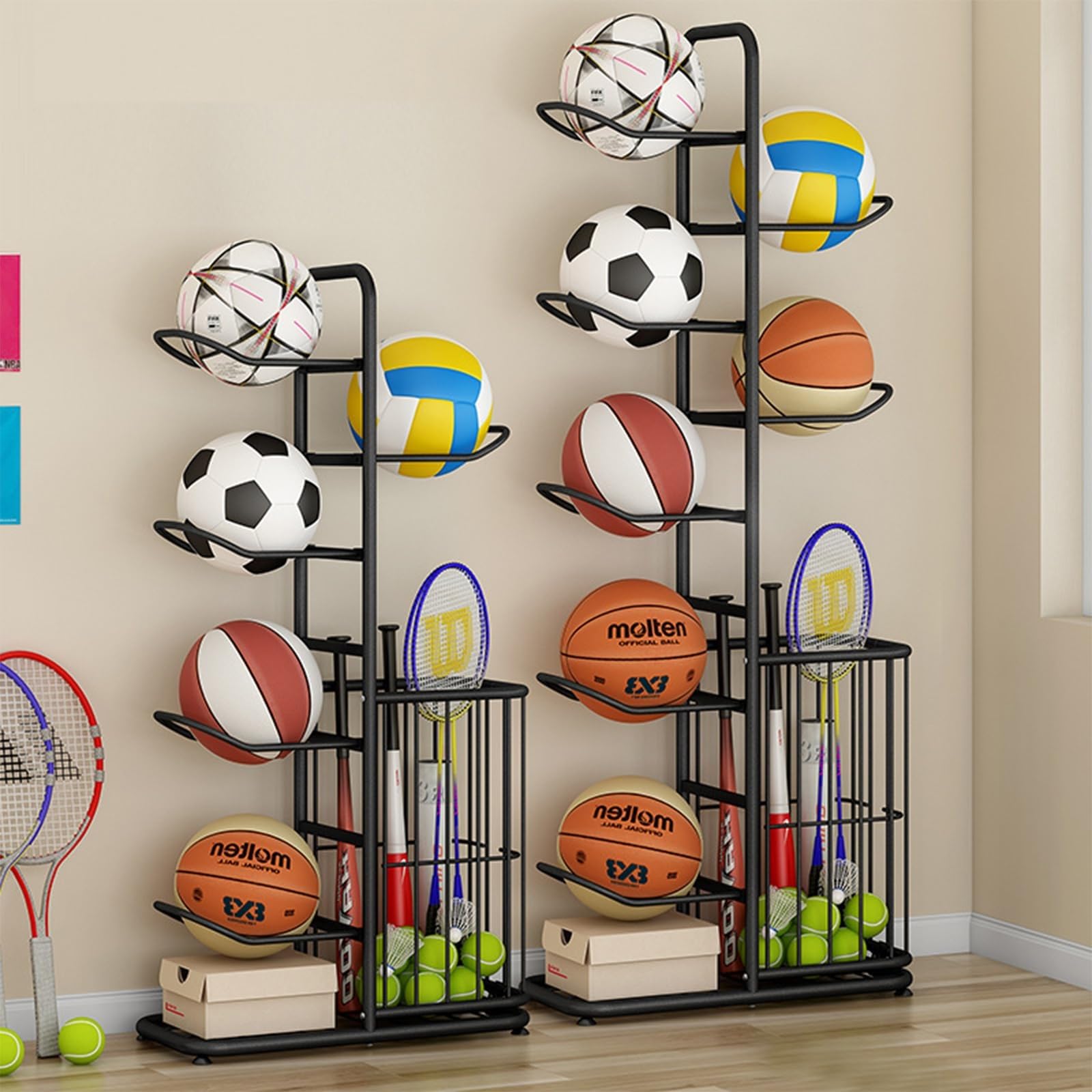 Vertikaler Basketballständer Aus Metall, Ballhalter Mit Abnehmbaren Aufhängestangen Und Seitenkorb, Freistehendes Aufbewahrungsregal For Sportausrüstung For Volleyball, Rugby, 7-lagiger Organizer-Turm