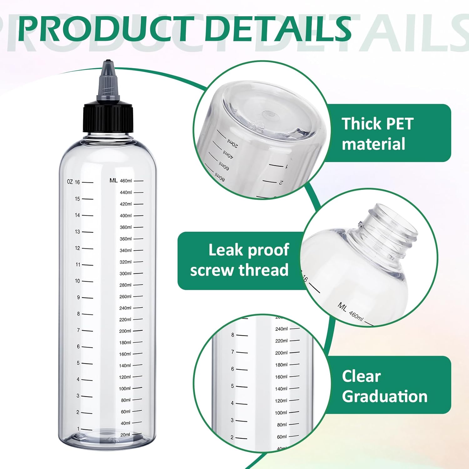 24 Pcs 16oz Plastic Squeeze Bottles Bulk Large Hair Oil Dye Applicator Plastic Dispensing Bottle Empty Squeeze Graduated with Twist Top Cap Clear Measurement for Scale Liquids Inks Sauces