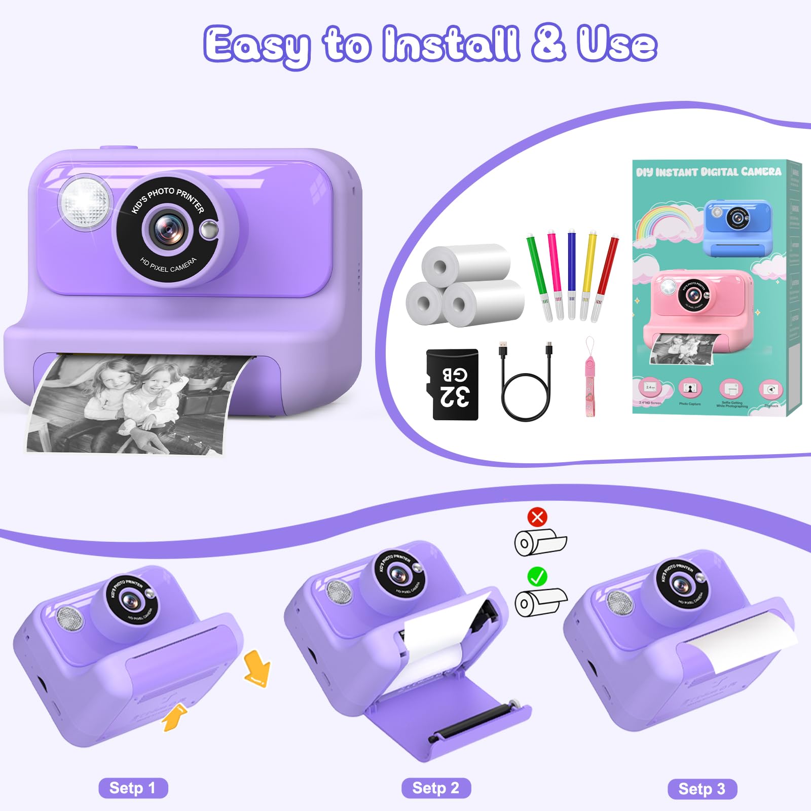 Hangrui Macchina Fotografica Bambini Istantanea, 2,4 Pollici Fotocamera Istantanea Bambini con 32G Scheda,20MP/1080P Fotocamera Digitale,Giocattolo Regalo per Ragazze Ragazzi dai 3-10 Anni