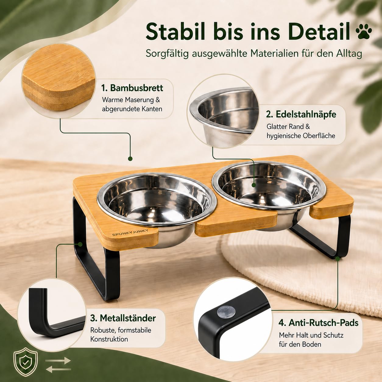 SPUNKYJUNKY Hundenapf erhöht Futternapf aus 304 Edelstahl Futterstation mit Zwei einstellbaren Höhen Fressnapf und Wassernapf für Katzen und Hunde (600ml)