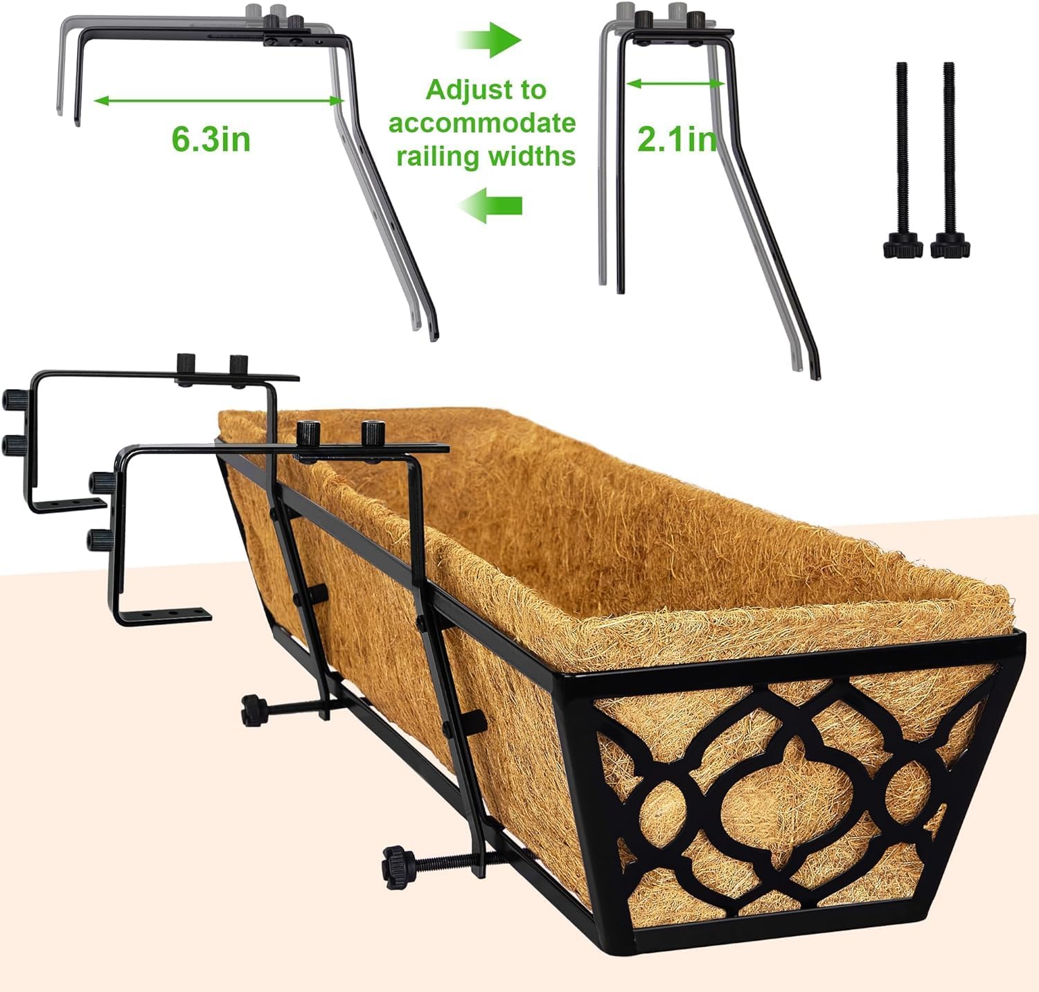 Y&M 6Pcs 30 Inch Large Window Box Railing Planter with Coco Liner, Outdoor Window Flower Boxes Over The Railing Planter Boxes Deck Fence Porch Patio Planter
