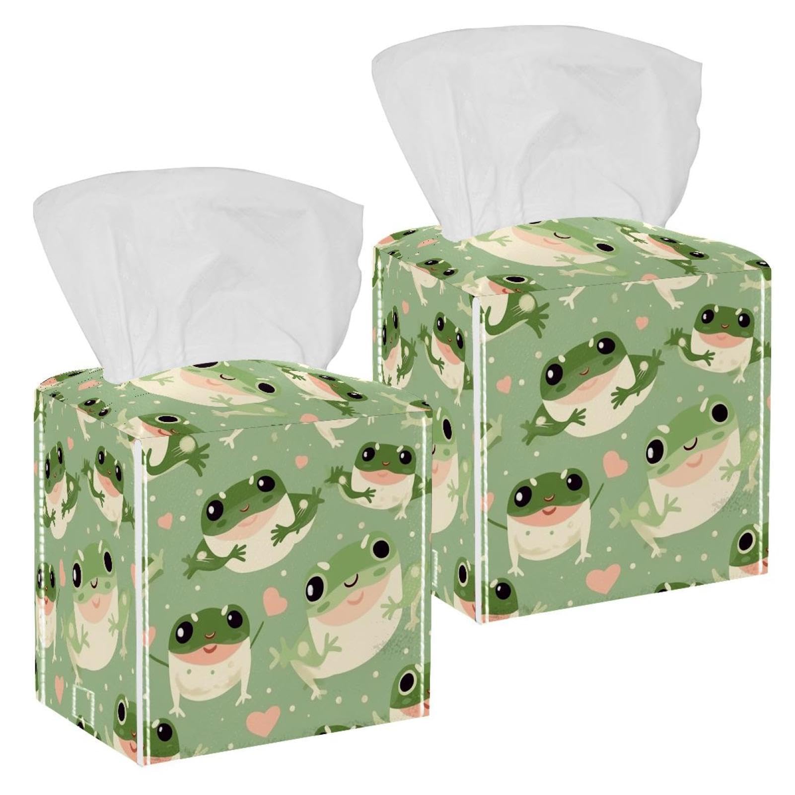 Funny Frog with Heart Tissue Box Cover, 2 Pack PU Leather Square Facial Tissue Dispenser Box holder for Home Office Car