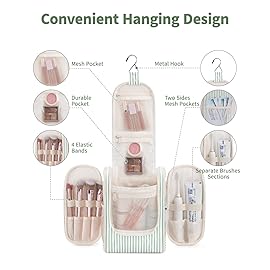 Narwey Small Striped Hanging Travel Toiletry Bag for Women, Travel Bag for Toiletries, Makeup Bag Organizer Cosmetic Bags Make Up Bags for Women (Mint Green Stripe)