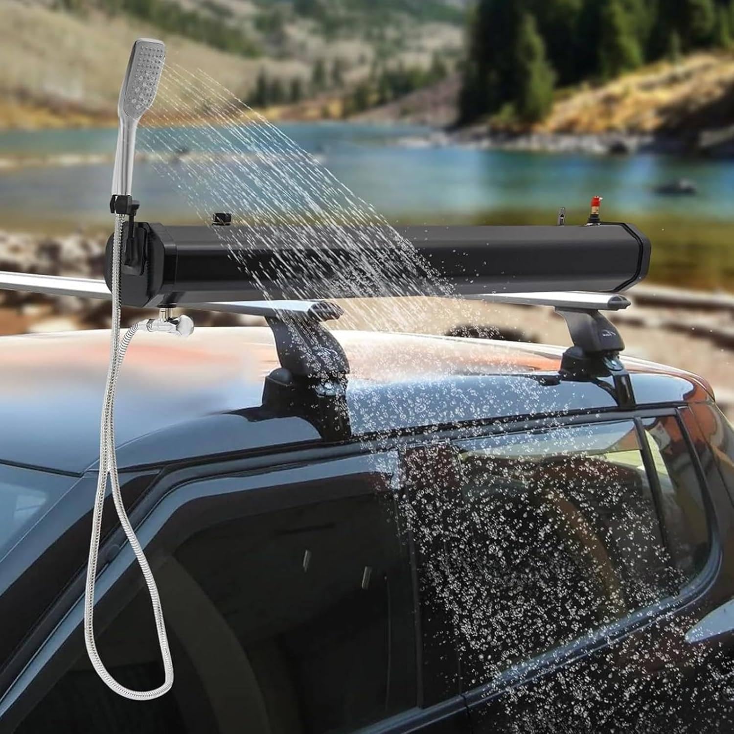 Auf dem Dach montierter Wassertank für Dachgepäckträger, Druckwassertank für Campingdusche, Solar-Dachgepäckträgerdusche,Wassertank für Dachgepäckträger im Freien mit langem Wasserschlauch,30L/7.93Gal
