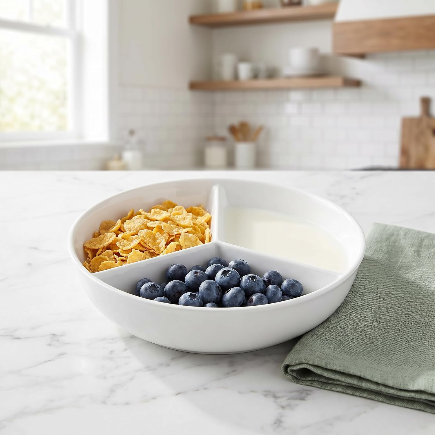 Angoily Ceramic Cereal Bowl With Divider, Japanese Food Bowl 3 Section Serving Plate For Breakfast Yogurt Snacks Party Appetizer Microwave Oven Safe