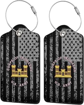 YHNNH Army Corps of Engineers Leather Baggage Bag Luggage Tags with Privacy Cover and Stainless Steel Loop