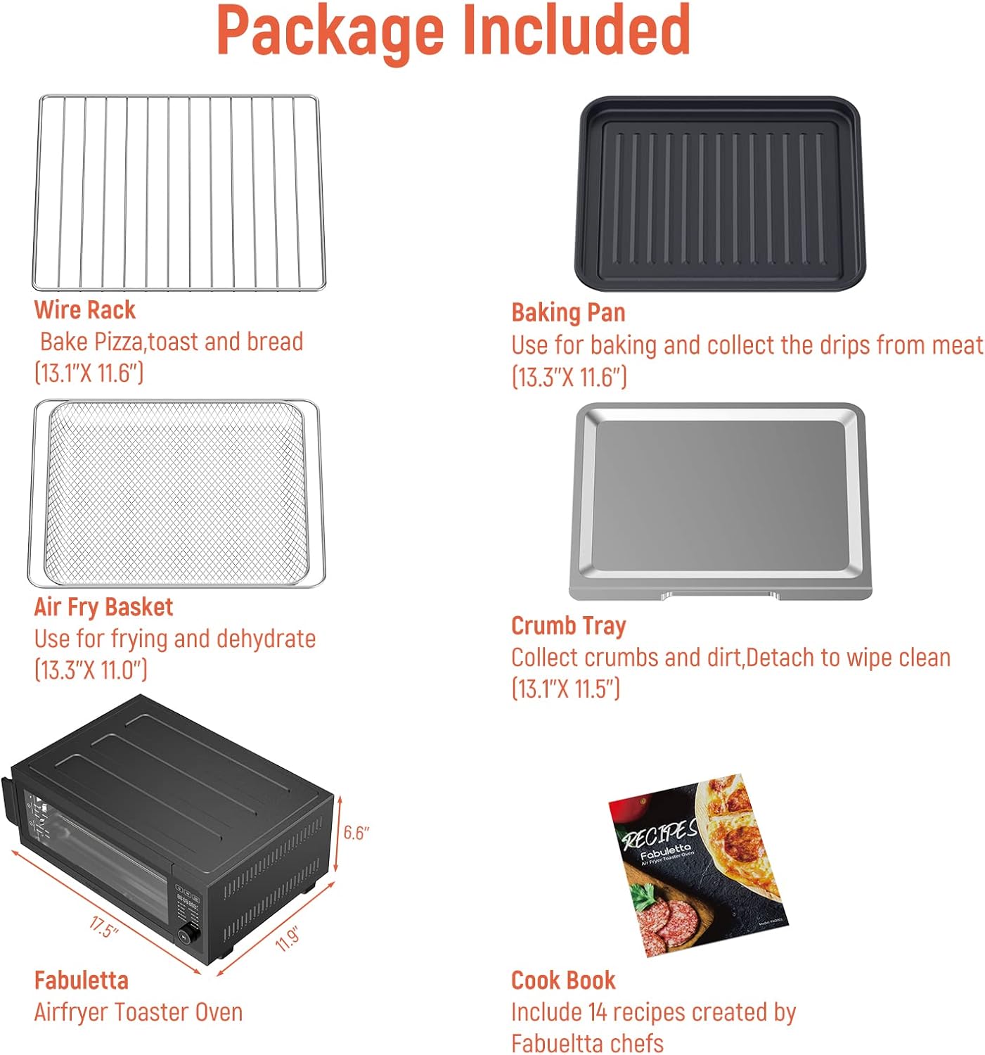 Included accessories for Fabuletta Air Fryer Toaster Oven: Wire Rack, Baking Pan, Air Fry Basket, Crumb Tray, and Recipe Book.