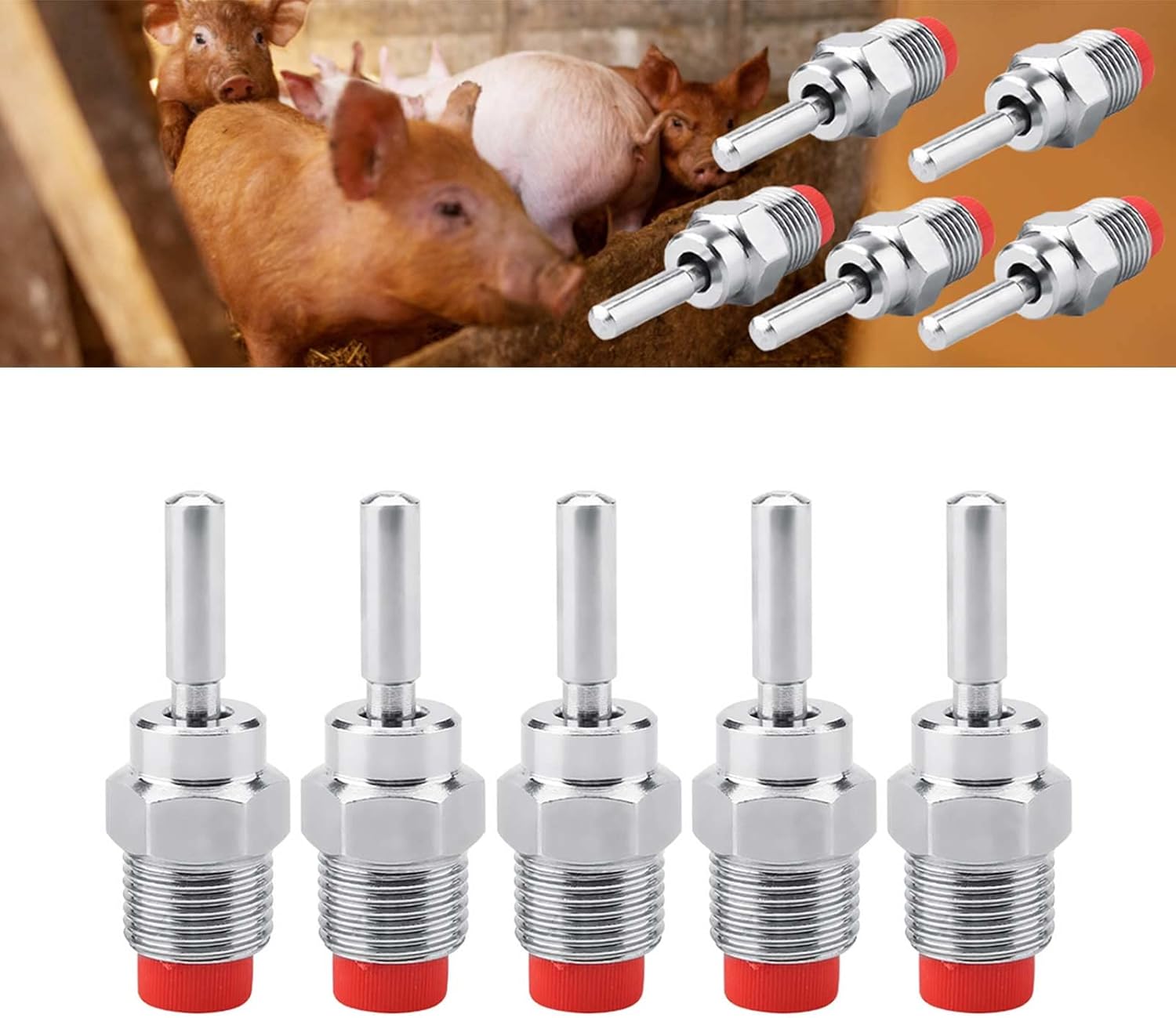 5 Pieces Automatic Pig Waterers Thread Stainless Steel Pig Waterer Nipple Fountains Drinkers with Red Hat Long Rod Water Trough for Sows Piglets Drinking Water