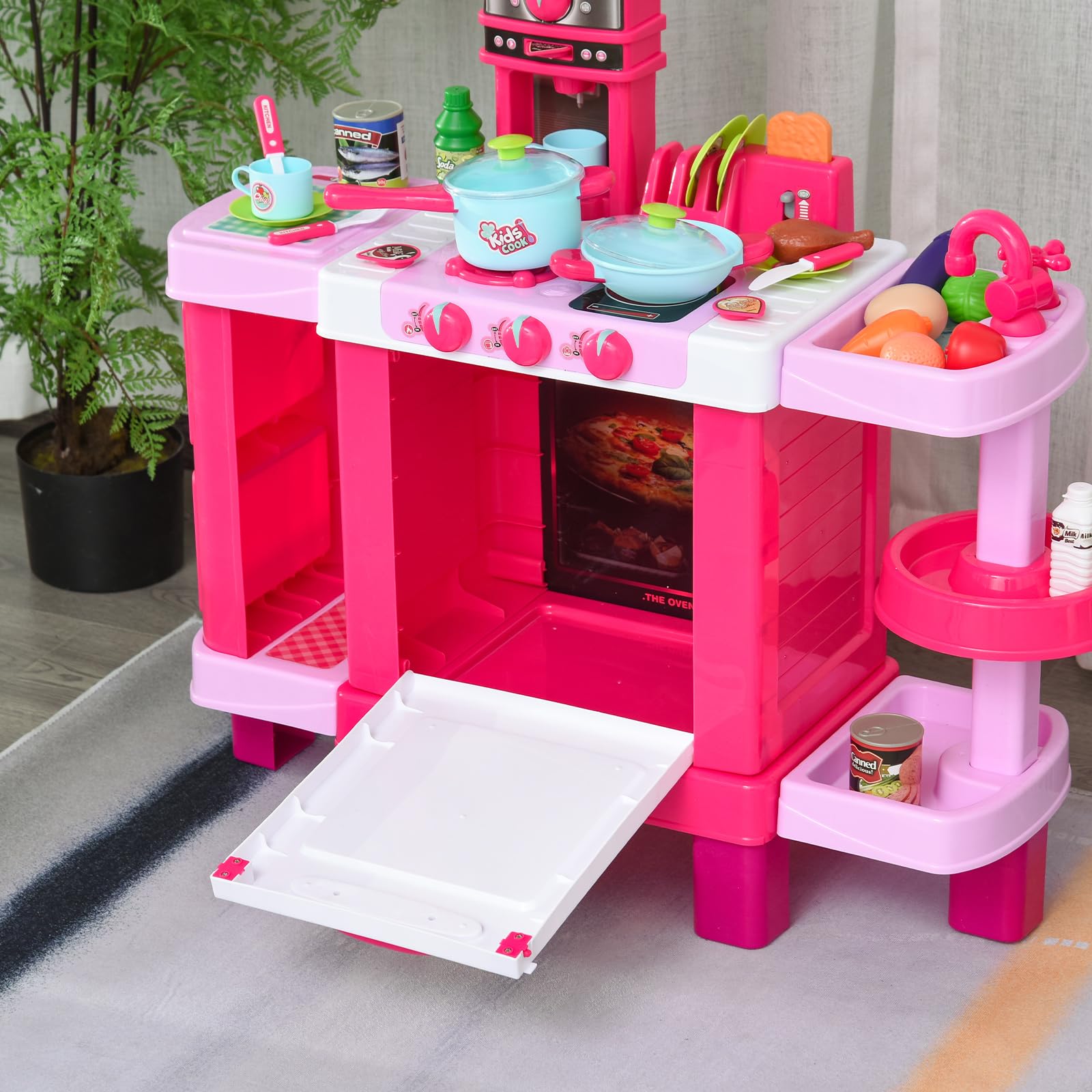 HOMCOM Cucina Giocattolo per Bambini con 38 Accessori Inclusi, Gioco con Luci e Suoni Realistici, 78x29x87cm, Rosa
