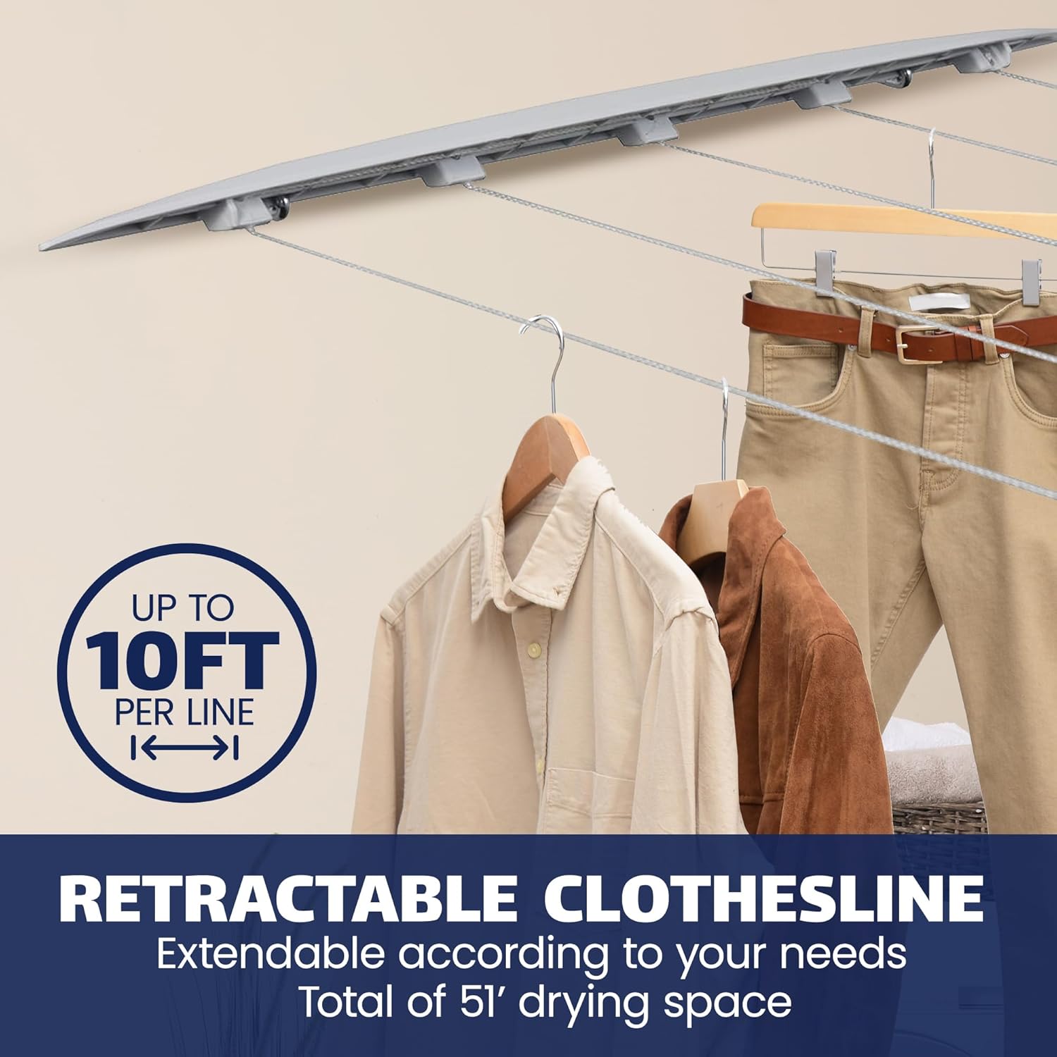 Strata 5-Line Retractable Indoor Clothesline, Adds 51 Feet of Drying Space, Wall Mounted Clothes Line, Easy to Install Retractable Laundry Line, Adjustable Indoor Clothesline for Air Drying Clothes