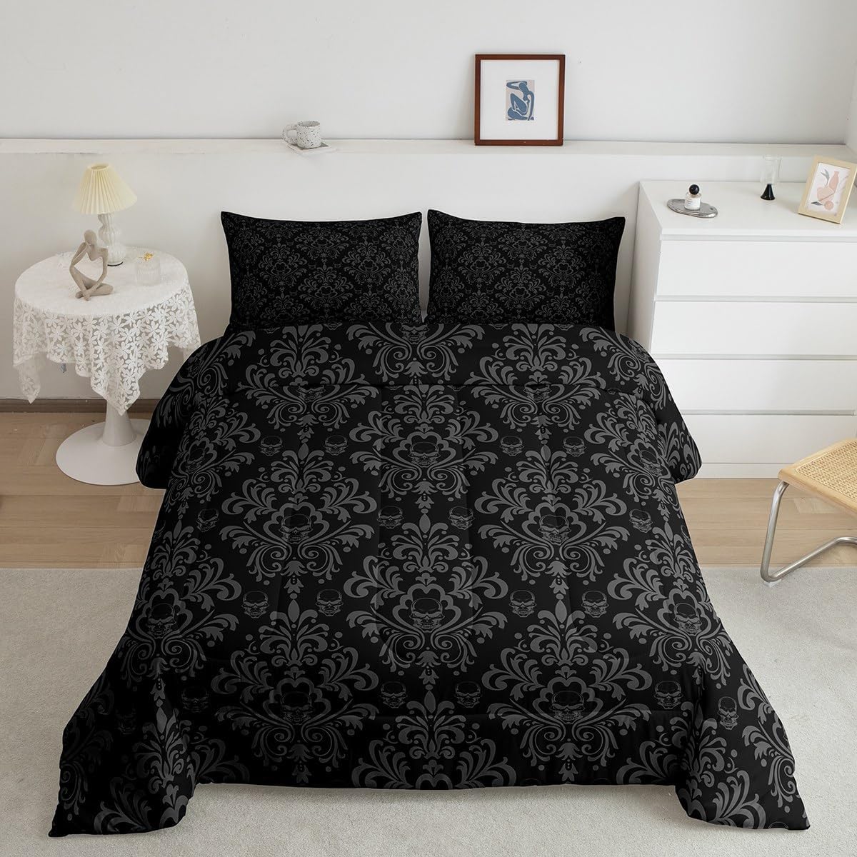 jejeloiu Queen Size Grey Damask Bedding Set Boys Girls Gothic Goth Skull Comforter Set for Kids Women Men Ultra Soft Jacquard Vintage Floral Bohemia Boho Exotic Duvet Quilt Room Decor Soft 3Pcs