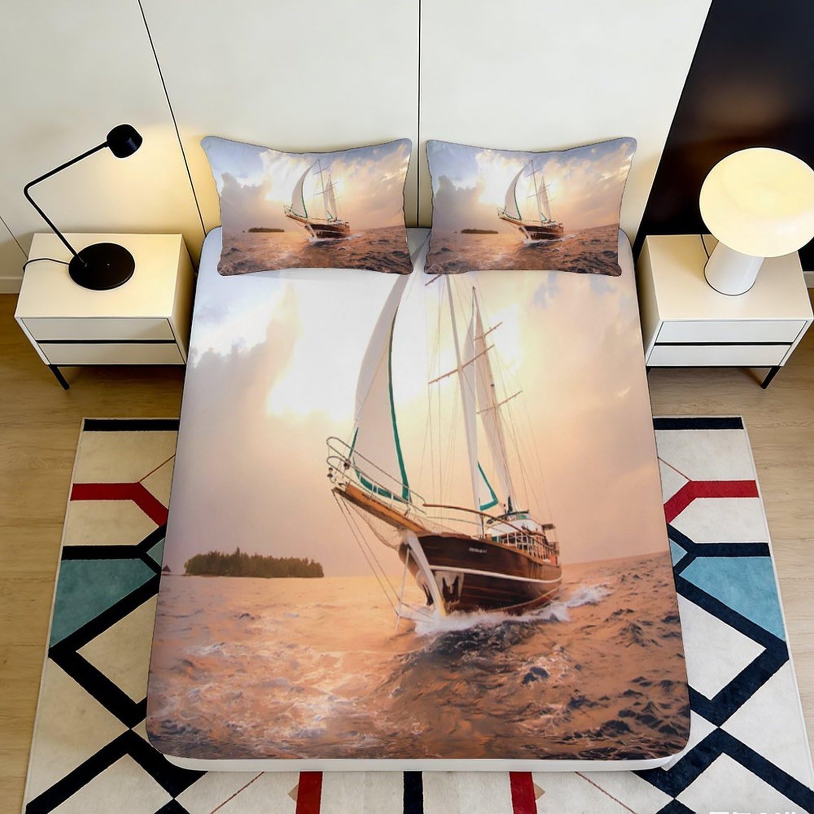 3D Printed Sailing Ship Fitted Sheet Microfiber Soft Breathable Ocean Sunset Bed Cover for Bedroom Dormitory Guest Room Mattress Protection Decor 90x200x25cm
