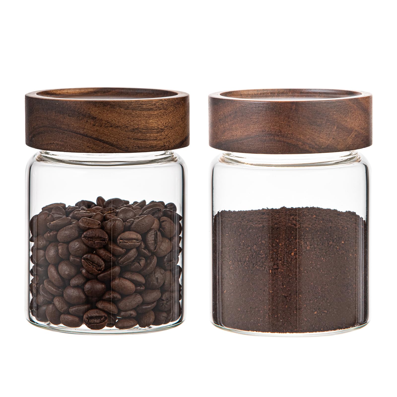 Tarro de almacenamiento de café de cristal con tapa de madera, cuchara, contenedor de alimentos de borosilicato para el suelo, granos de café, té de oatmeal (2 x 300 ml (10 oz))