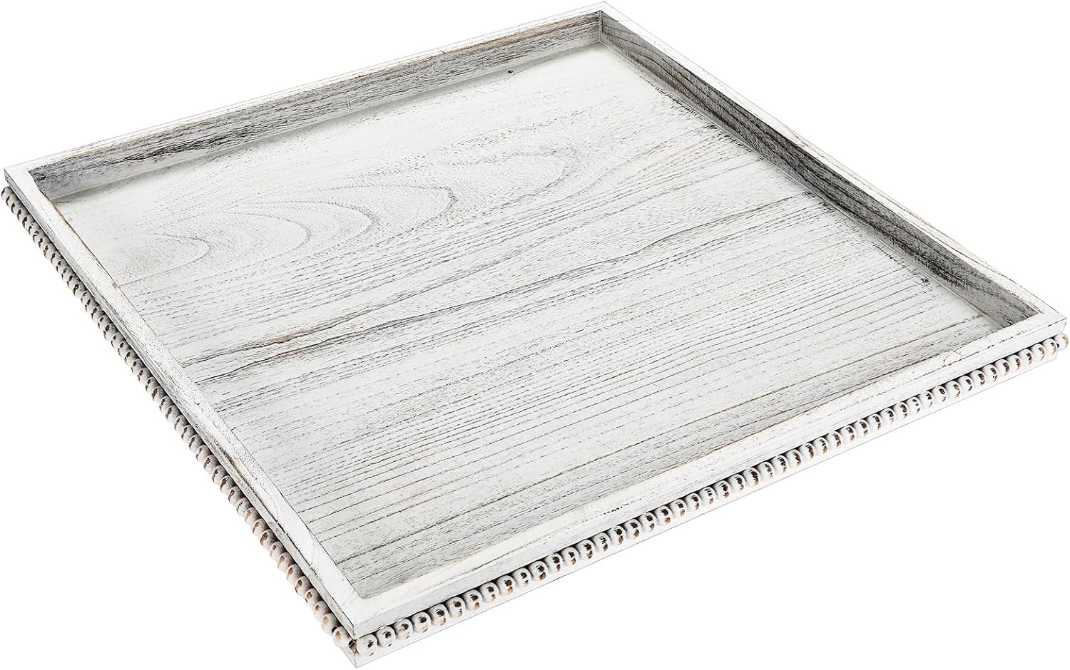 Extra Large Square Ottoman Table Tray with Wooden Bead 24 Inch Rustic Washed Wooden Serving Tray Multipurpose Farmhouse Decorative Square Ottoman for Coffee Table Platter Room Kitchen Counter
