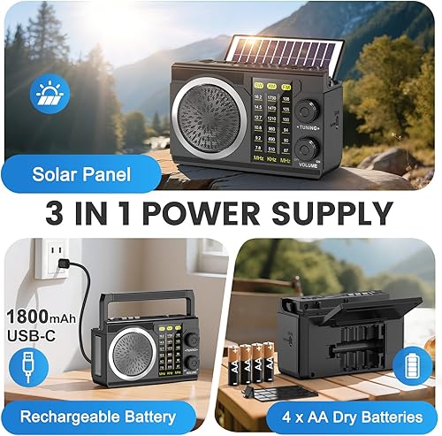 Miniatura 2 de PRUNUS J-135 AM FM SW Radio portátil Bluetooth, SolarD funciona con bateríaUSB recargable, pequeño transistor retro radios con el mejor sonido,