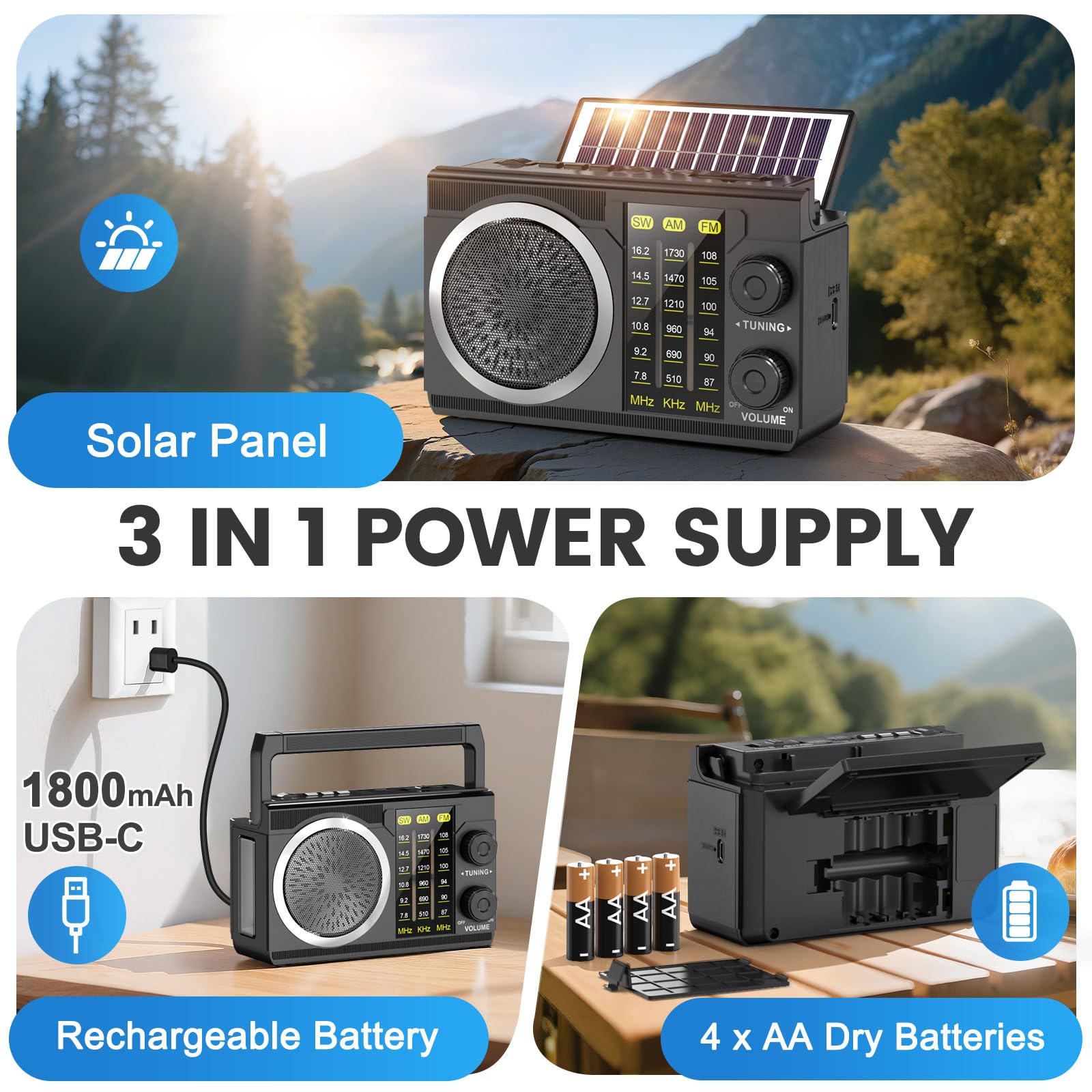 PRUNUS J-135 Radio Portatil Pequeña FM/Am/SW, Radio Solar y Recargable de 1800mAh, o Funciona con 4 Pilas AA, Transistor Radios con Bluetooth 6.0, Reproductor USB/TF, Fácil de Usar.