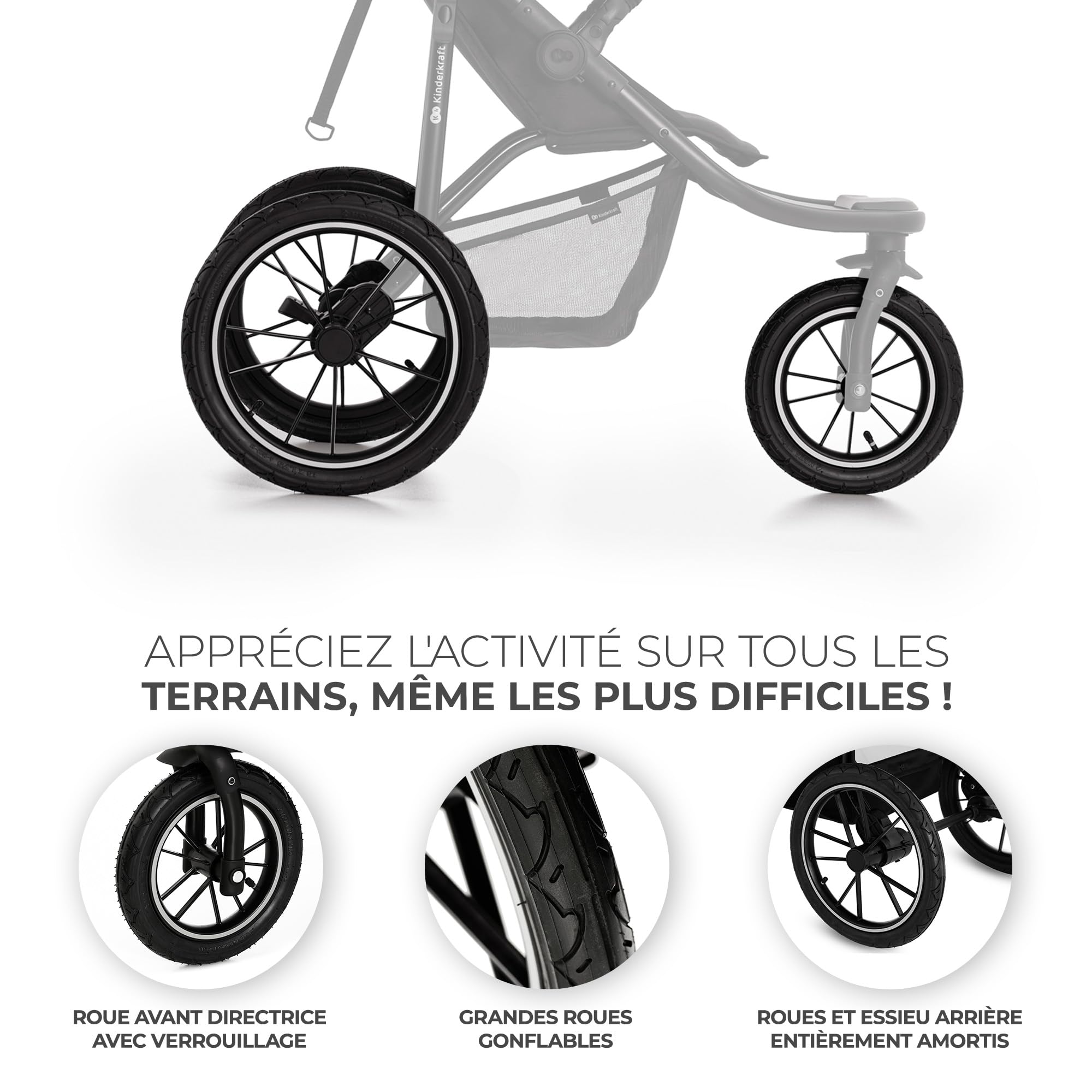 Kinderkraft HELSI 2 Jogger Poussette Sportive 3 Roues Dès La Naissance 22 Kg Réglable Gris