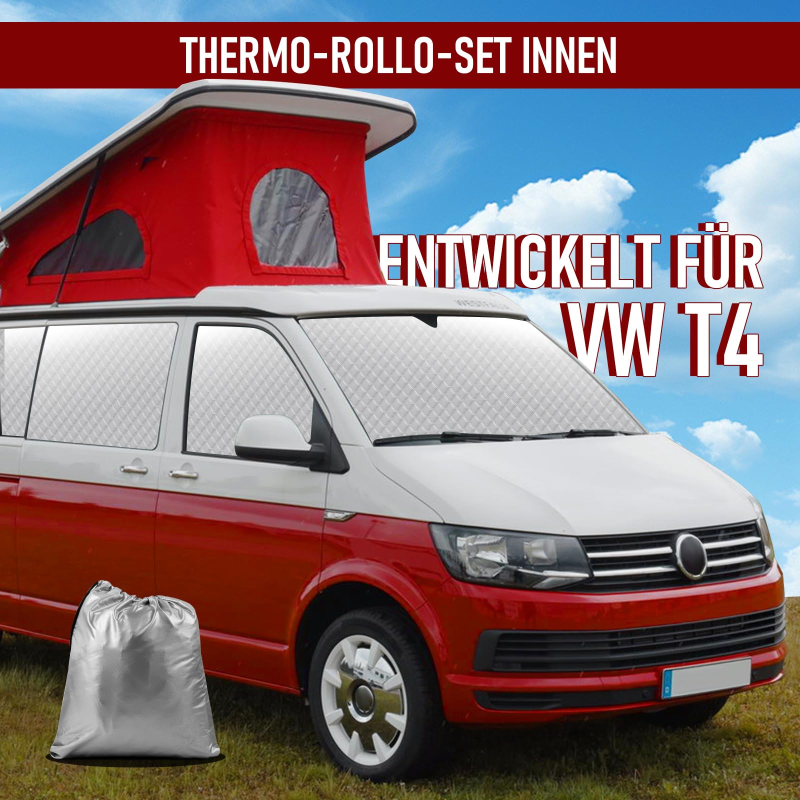 MaxAwe Set di 8 pezzi di tappetini termici per cabina del conducente adatto per VW T5/T6 SWB, lussuoso parasole interno per auto, copertura parabrezza, set di tende oscuranti termiche, protezione
