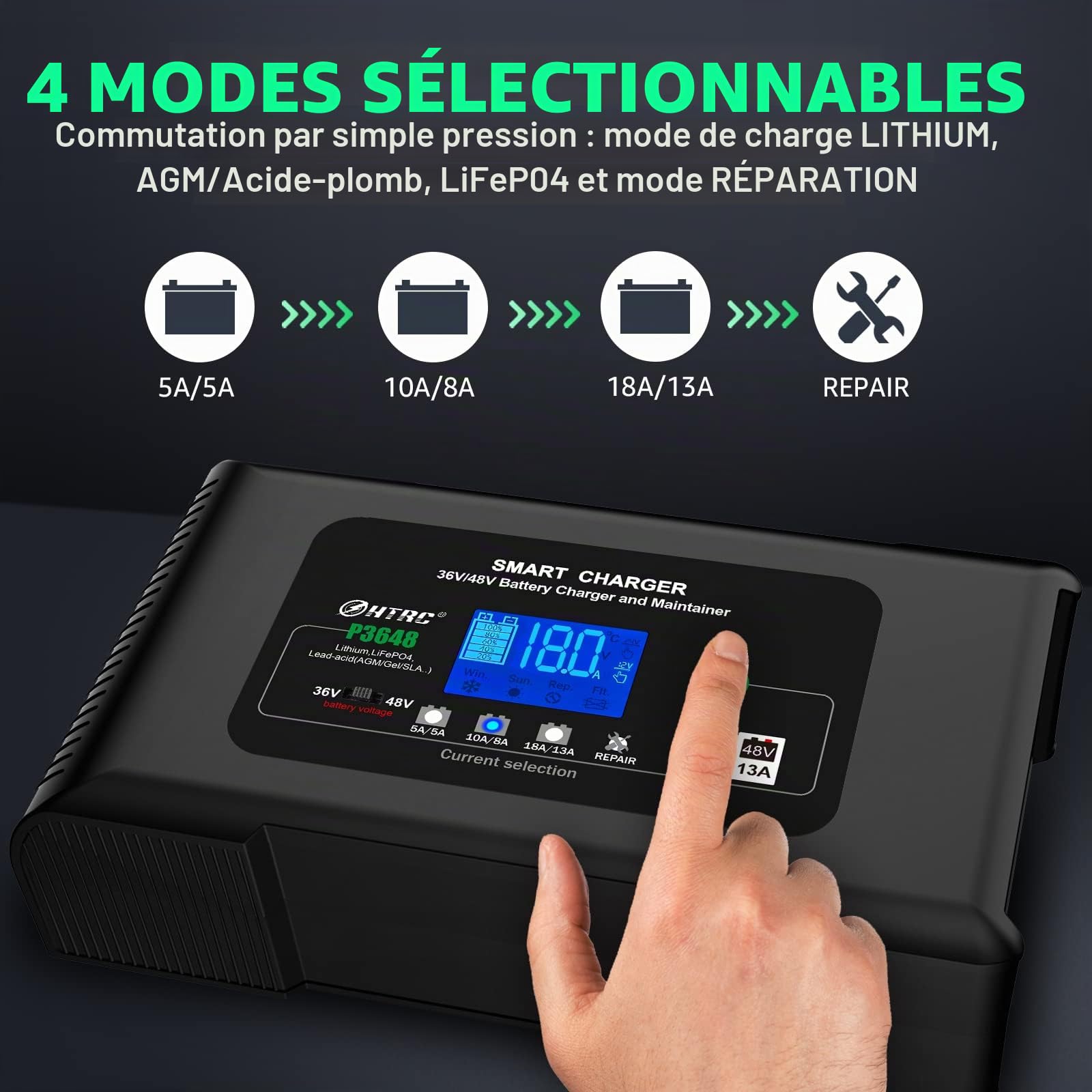 SolaMr Chargeur de Voiture 36V 18A / 48V 13A avec Chargeur de Goutte à Goutte de Niveau 9 Chargeur de Voiture Intelligent pour Camion, Moto et Batterie au Plomb - P3648