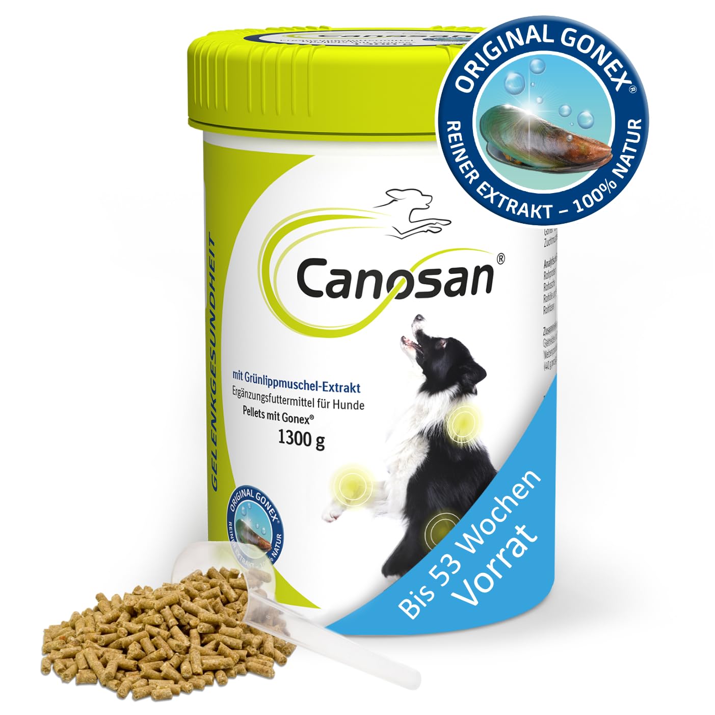 CANOSAN Gelenk Pellets für Hunde 1300 g Langzeitvorrat - Grünlippmuschel | Original Gonex - zur Unterstützung von Gelenken & Beweglichkeit