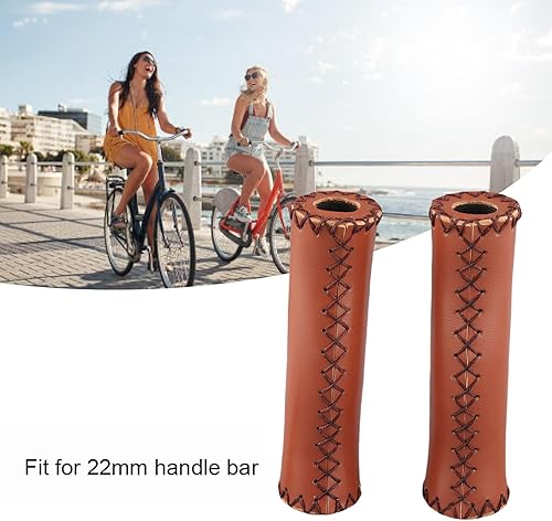 Miniatura 4 de Puños de bicicleta marrones de cuero marrón para bicicleta, esponja de PU, 1 par cosido a mano Pu bicicleta manillar manillar agarres con enchufe