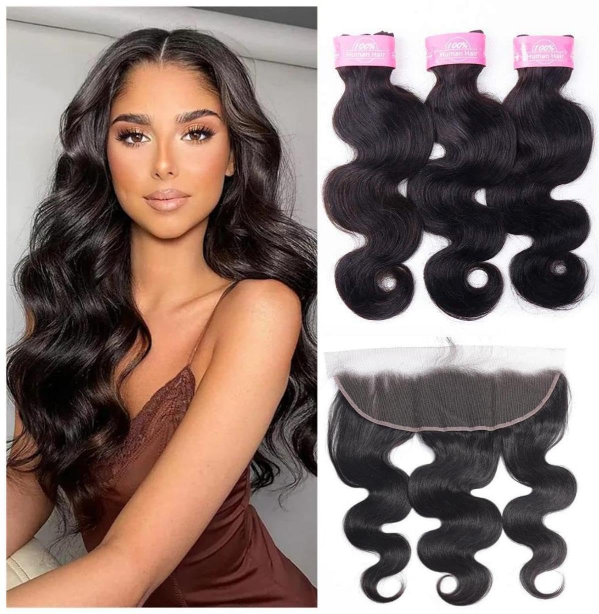 Sexycat Body Wave Bundles with 13x4 HD Lace Frontal Human Hair 16 18 20+14 Inch 100% Unprocessed Brazilian Virgin Hair Extensions Weave Weft Bundles with Lace Frontal