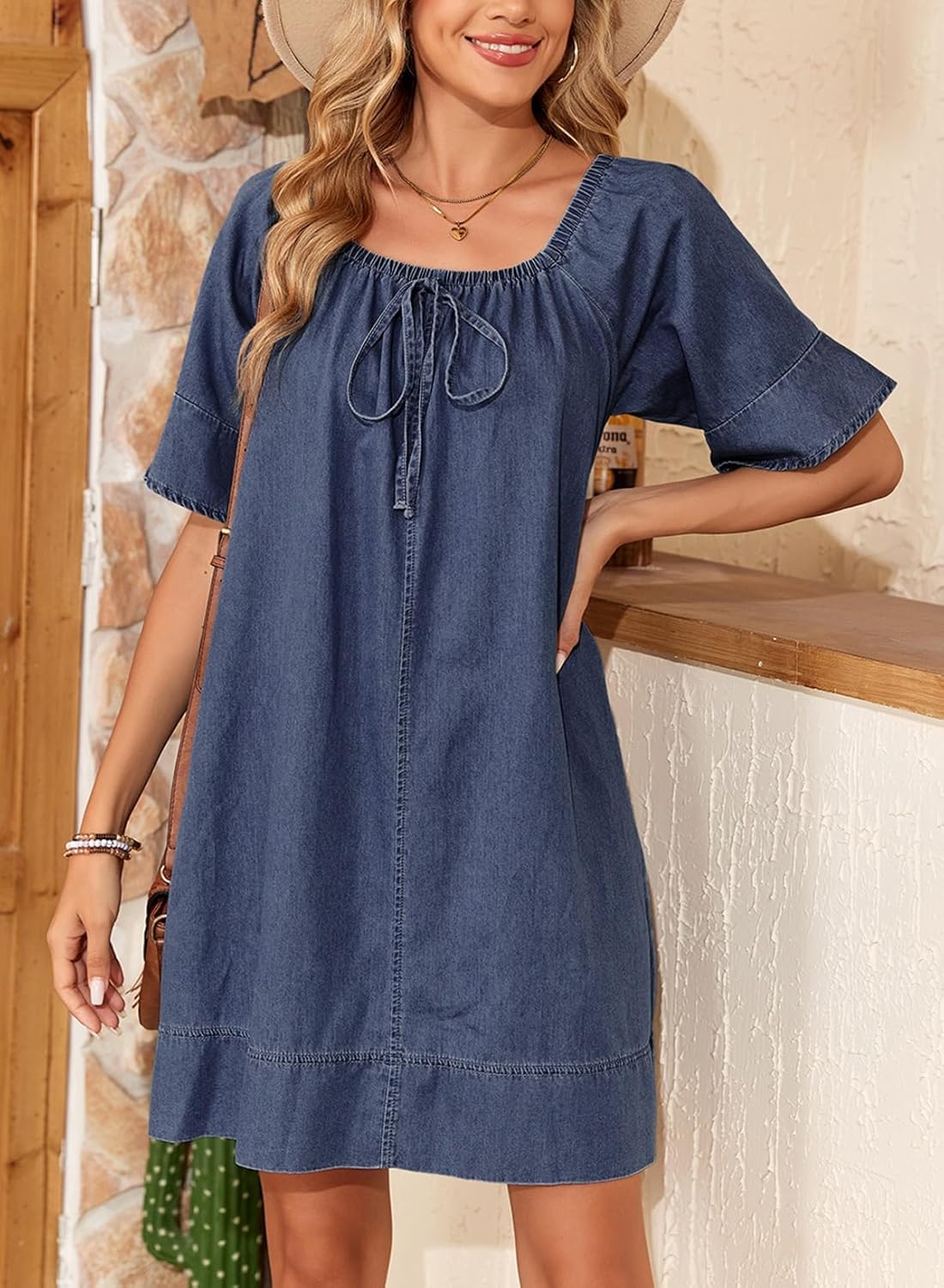Dokotoo Lightweight Flowy Denim Dress for Women 2026 Square Neck Short Sleeve Dresses Tie Knot Front Cotton Jean Dress - Image 6