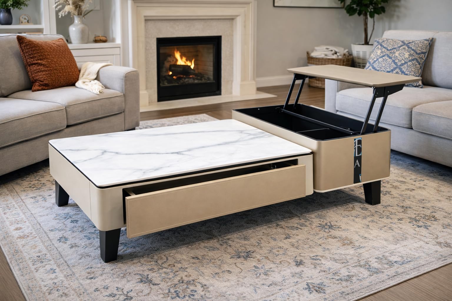 Disho Modern Lift-Top Coffee Table with Hidden Storage, Pull-Out Drawer, Marble Pattern Top, Beige Frame, Black Legs