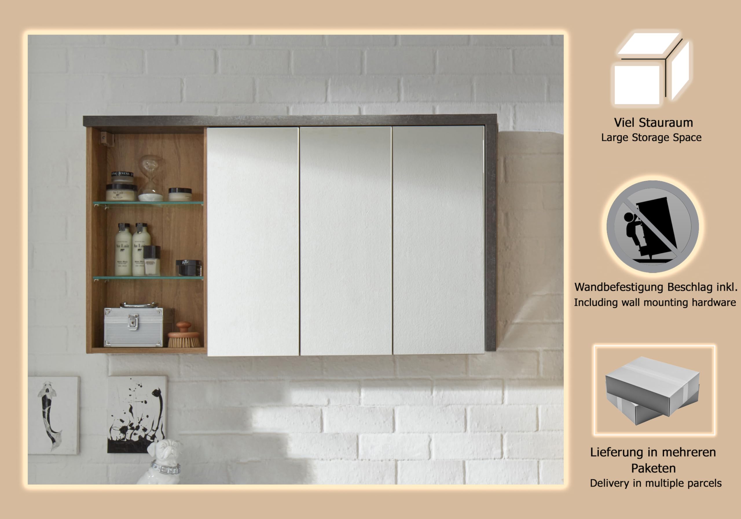 trendteam smart living - Bay - Spiegelschrank - Eiche Riviera/Beton dunkel - moderner Badezimmerspiegel mit 3 offenen Fächern - (BxHxT) 123 x 71 x 18 cm - kratzfest | B 123 x H 71 x T 18 cm · Soft-Close-Dämpfer · feuchtraumgeeignet · 2 Glasböden · optiona