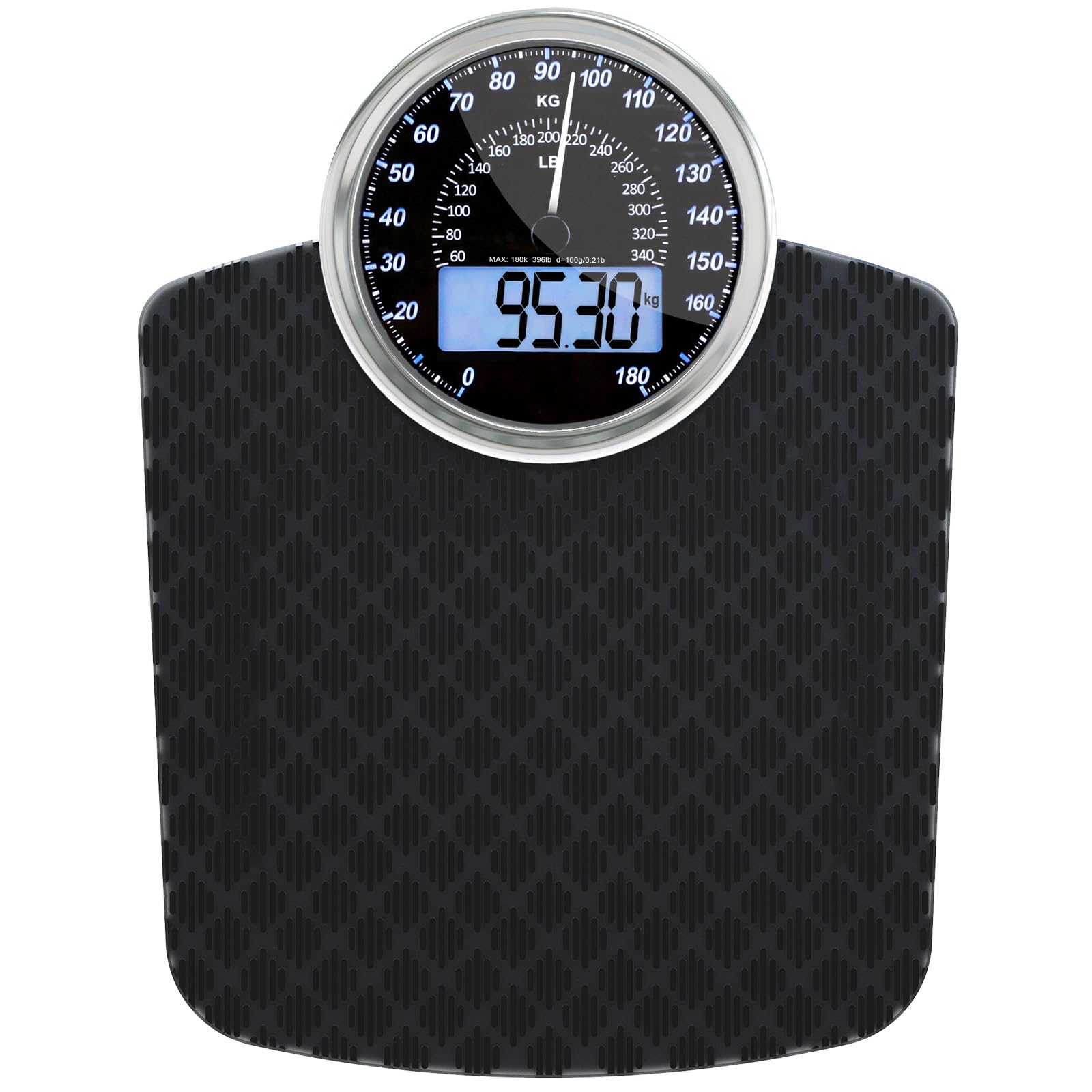 Hybrid Bilancia Pesapersone - Analogica & Digitale, Precisa fino a 180 kg | Leggete il peso su quadrante analogico e LCD insieme. Piattaforma larga, 3 batterie AAA incluse, pronta all'uso.