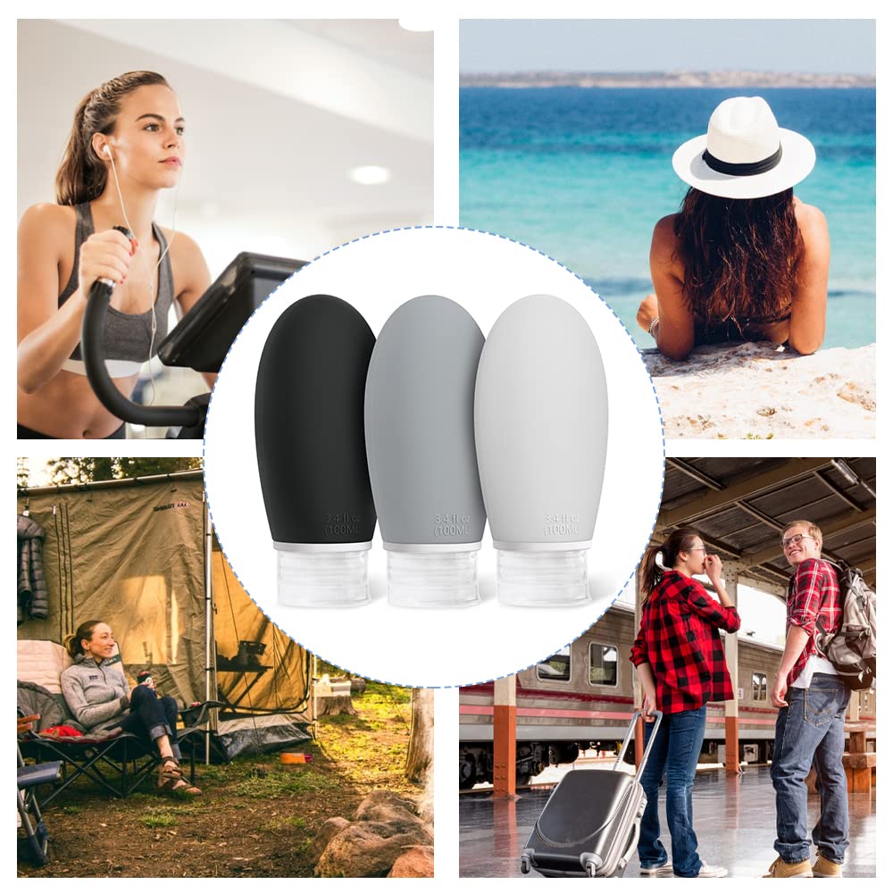 Opret Bottiglie da Viaggio 100ml in Silicone, 3 Pezzi Kit Contenitori da Viaggio Flaconi con Custodia per Shampoo, Liquidi and Lozione, Nessun BPA