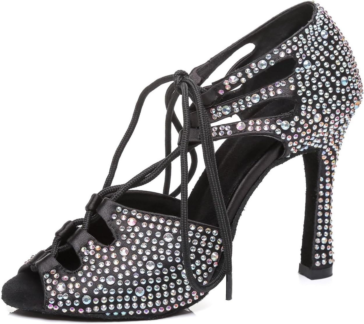 Women's Lace-up Flared Heel Rhinestones Tango Modern Latin Dance Shoes Wedding Party Sandals