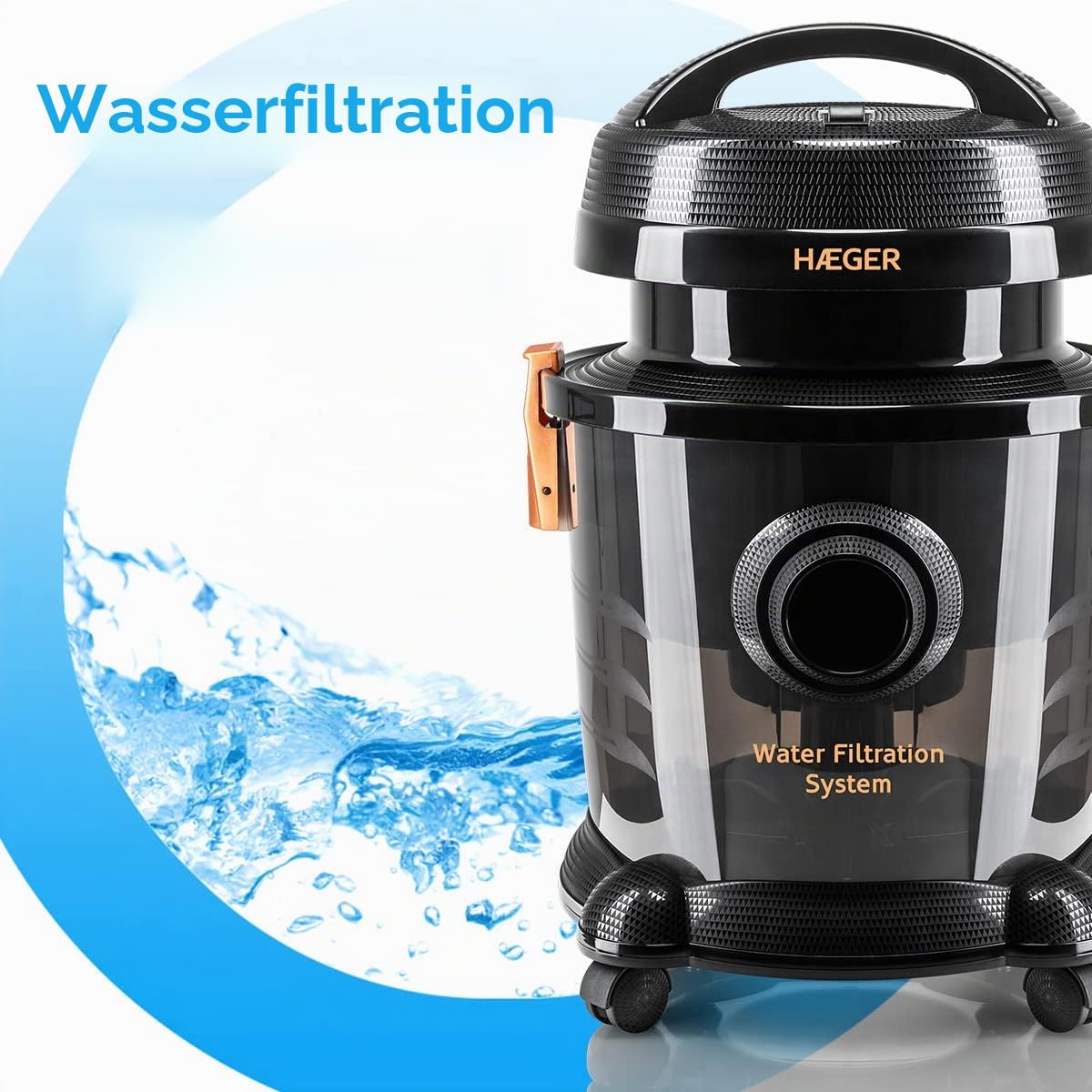HAEGER AQUACLEAN 1200 Staubsauger mit Wasserfilter, 1200 W, Saugleistung mit Wasserfilter, 9 l Wassertank, saugt Feststoffe und Flüssigkeiten