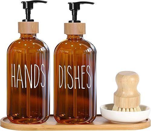 Miniatura 1 de Juego de dispensador de jabón de vidrio ámbar botellas de bomba de jabón de primera calidad, rellenables, tarro de vidrio transparente grueso,