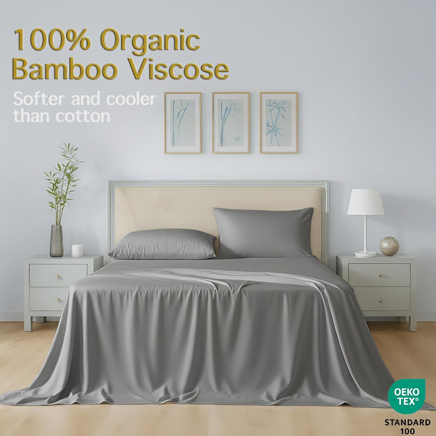 100% Viscose from Bamboo Sheets Set Queen Size, Cooling & Anti-Pilling 4-Piece Bed Sheets Set for Hot Sleepers, 16 inch Deep Pocket, Luxury Soft Breathable, 400 TC, Gray