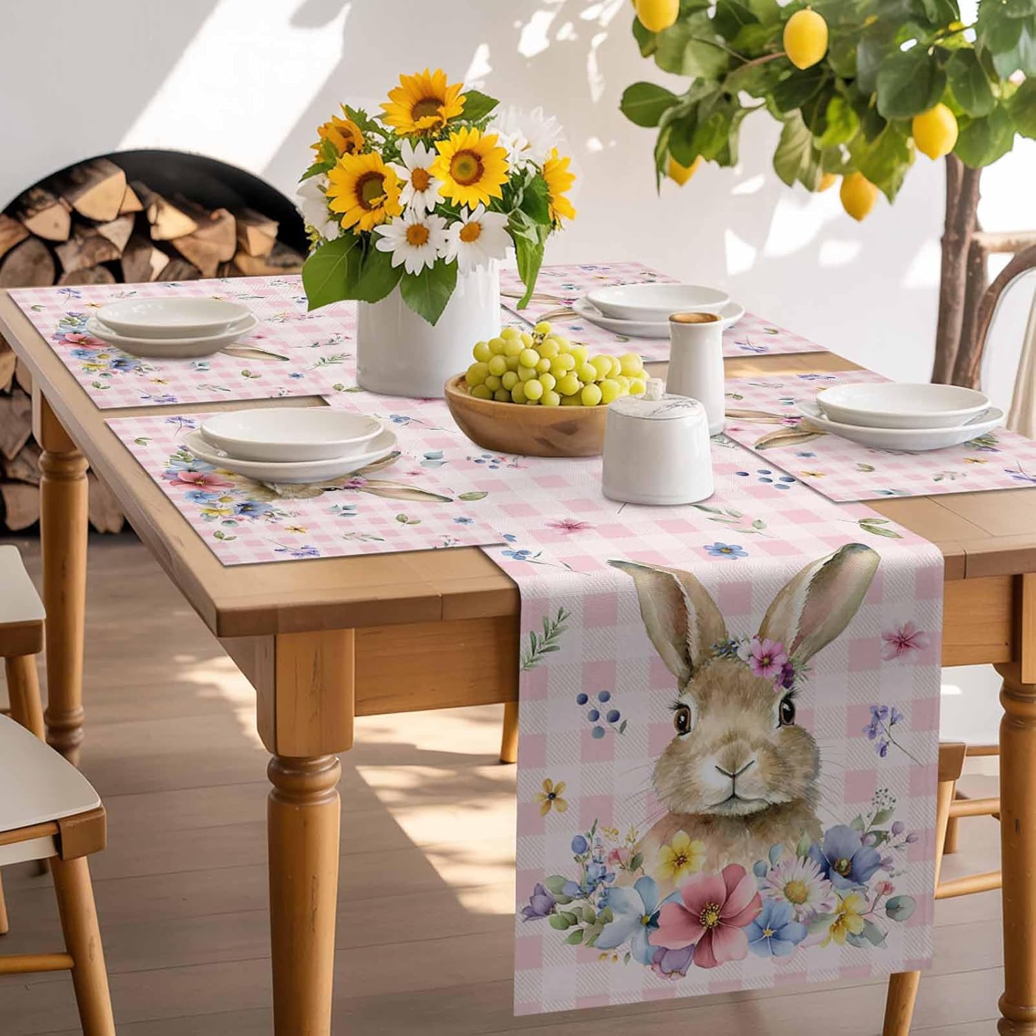 Easter Spring Bunny Placemats Set of 6,Washable Woven Burlap Cloth Fabric Placemat for Square/Rectangle/Round/Oval Dining Table,Easy Clean Place Mats Buffalo Plaid Check Rabbits Pink Plant