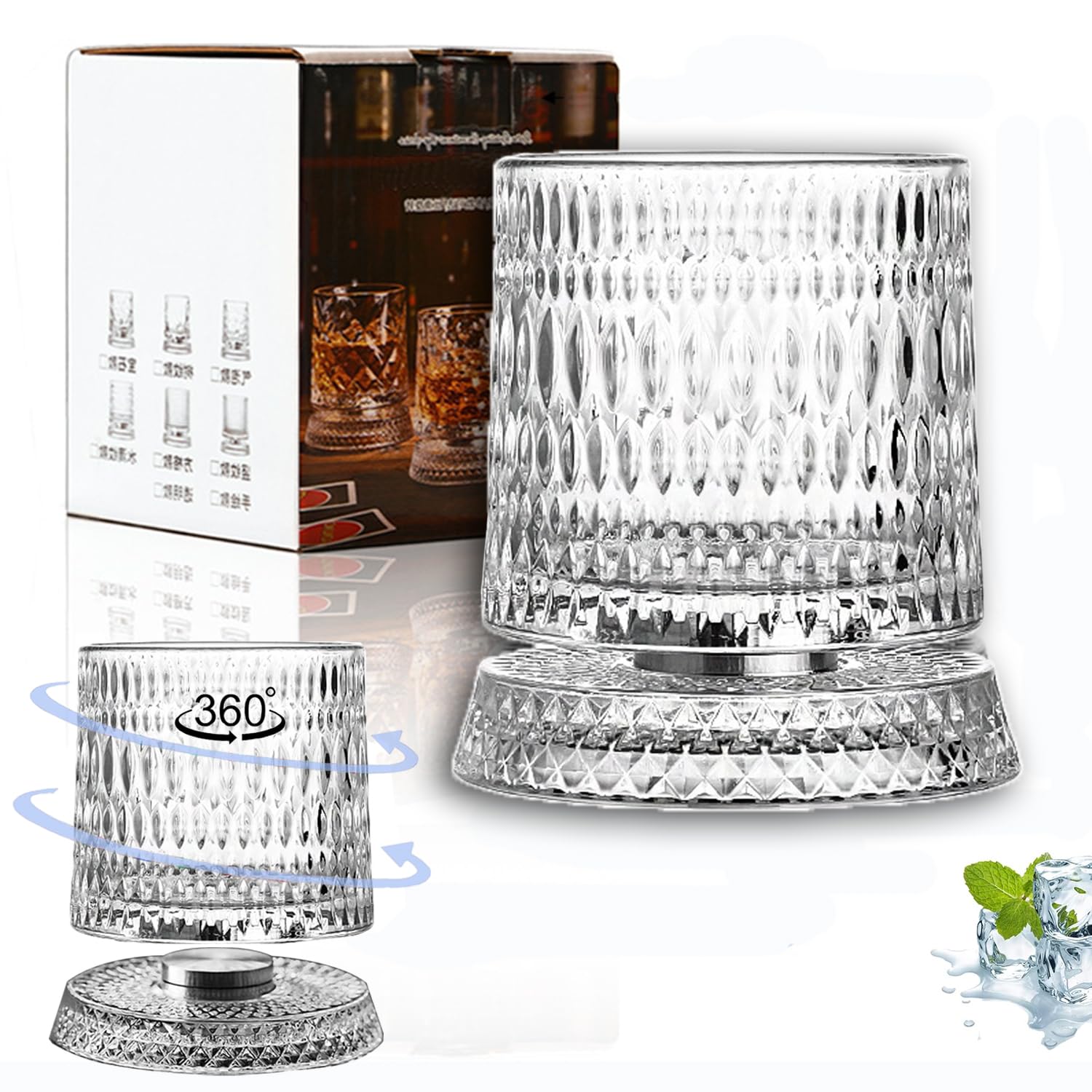 Bicchieri da Whisky,Calice da Acqua Rotante360°,Bicchieri da whisky 280 ML,Bicchiere da Cocktail Cristallo per Bourbon,100% Senza Piombo da Whisky,adatte a vari festival (B003)