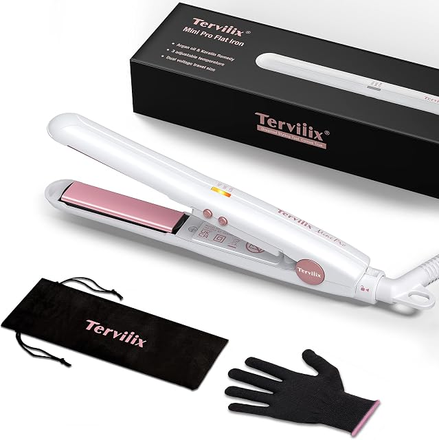 Terviiix Mini Hair Straighteners for Short Hair with Adjustable Temperature, Dual Voltage Tourmaline Ceramic Portable Travel Mini Straightener,1/2 Inch Small Flat Iron with Pouch, Auto Shut Off,White