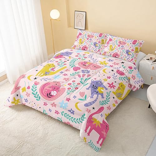 Miniatura 3 de QOOMO Juego de edredón floral de gato tamaño Queen, juego de edredón de gato rosa para niños, adolescentes y niñas, juego de ropa de cama de 3