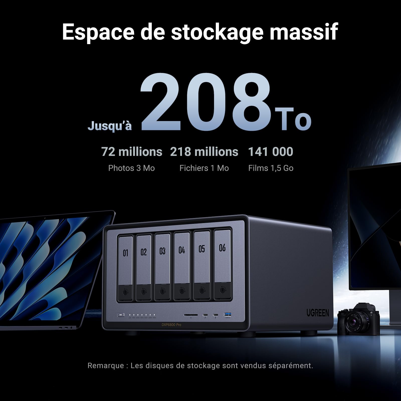 UGREEN NASync DXP6800 Pro, NAS de Bureau 6 Baies, processeur Intel i5 1235u 10 cœurs, 8 Go de RAM DDR5, SSD 128 Go, 2 Ports 10 GbE, 2 emplacements M.2 NVMe, HDMI 8K (sans Disque) (DXP6800 Pro)