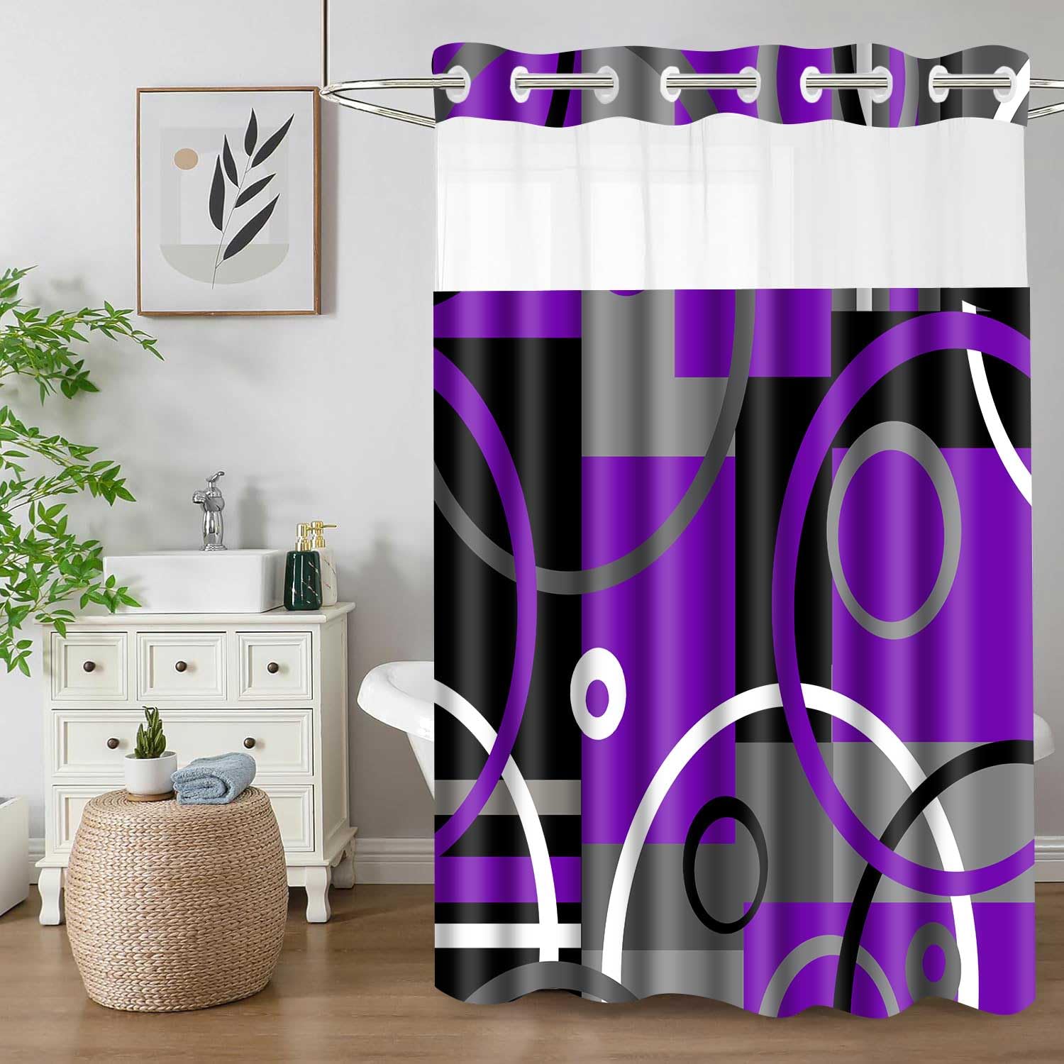 Rideau de douche géométrique violet pour décoration de salle de bain lumineuse homme et femme