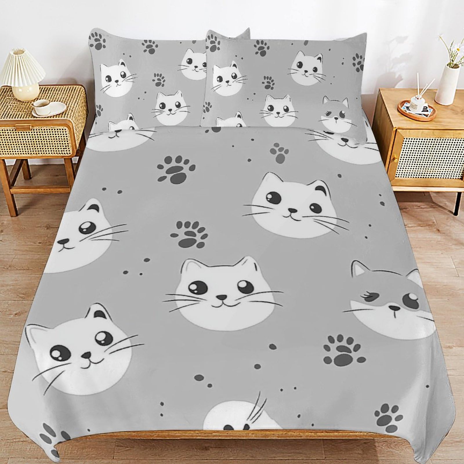 Parure de lit chat rose en microfibre douce avec sa housse de couette et ses 2 taies d'oreiller
