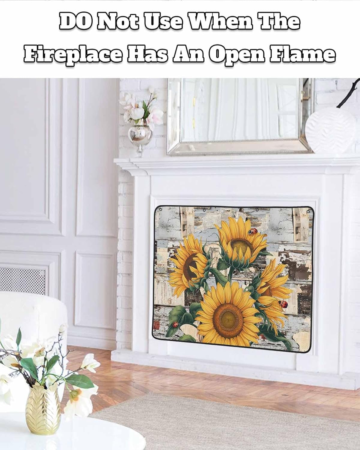 Magnetic Fireplace Cover Sunflower Fireplace Screen Decorative Vintage Blue Wood Grain Insulation Fireplaces Blocker Blanket Save Energy Fireplaces Draft Stopper Covers for Living Room 39x32 Inch