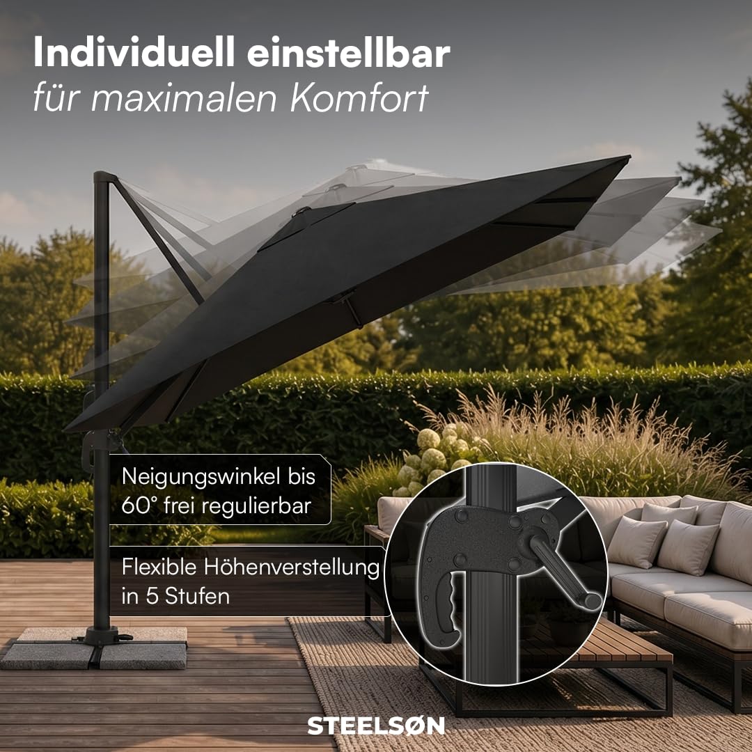 STEELSØN Elaris Premium Sonnenschirm rechteckig 300x300 cm – Ampelschirm inkl. Schutzhülle – Gartenschirm neigbar & 360° drehbar – Sonnenschutz UV50+ wetterfest – robustes Aluminium Gestell - schwarz
