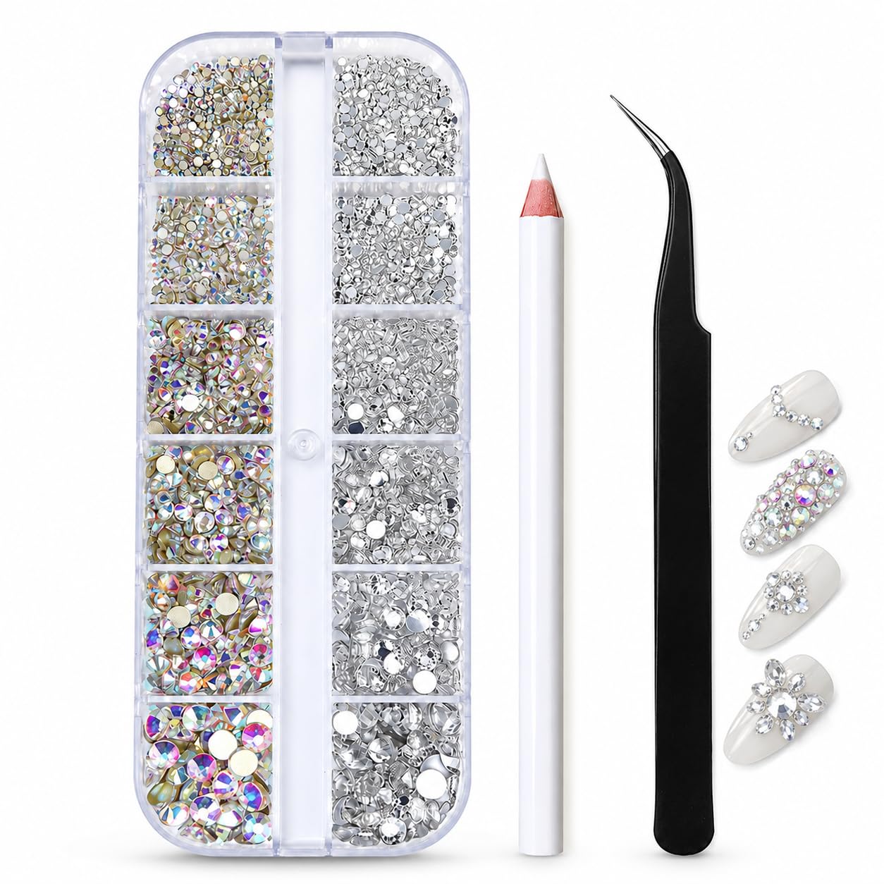 Satmarhz Nail Art Rhinestones Kit, 12 Grid AB Silver Rhinestone Stones Set with Wax Pen, Curved Tweezers, DIY Nails Accessories for Women and Girls, Bedazzling Tools for Crafts-picture-33